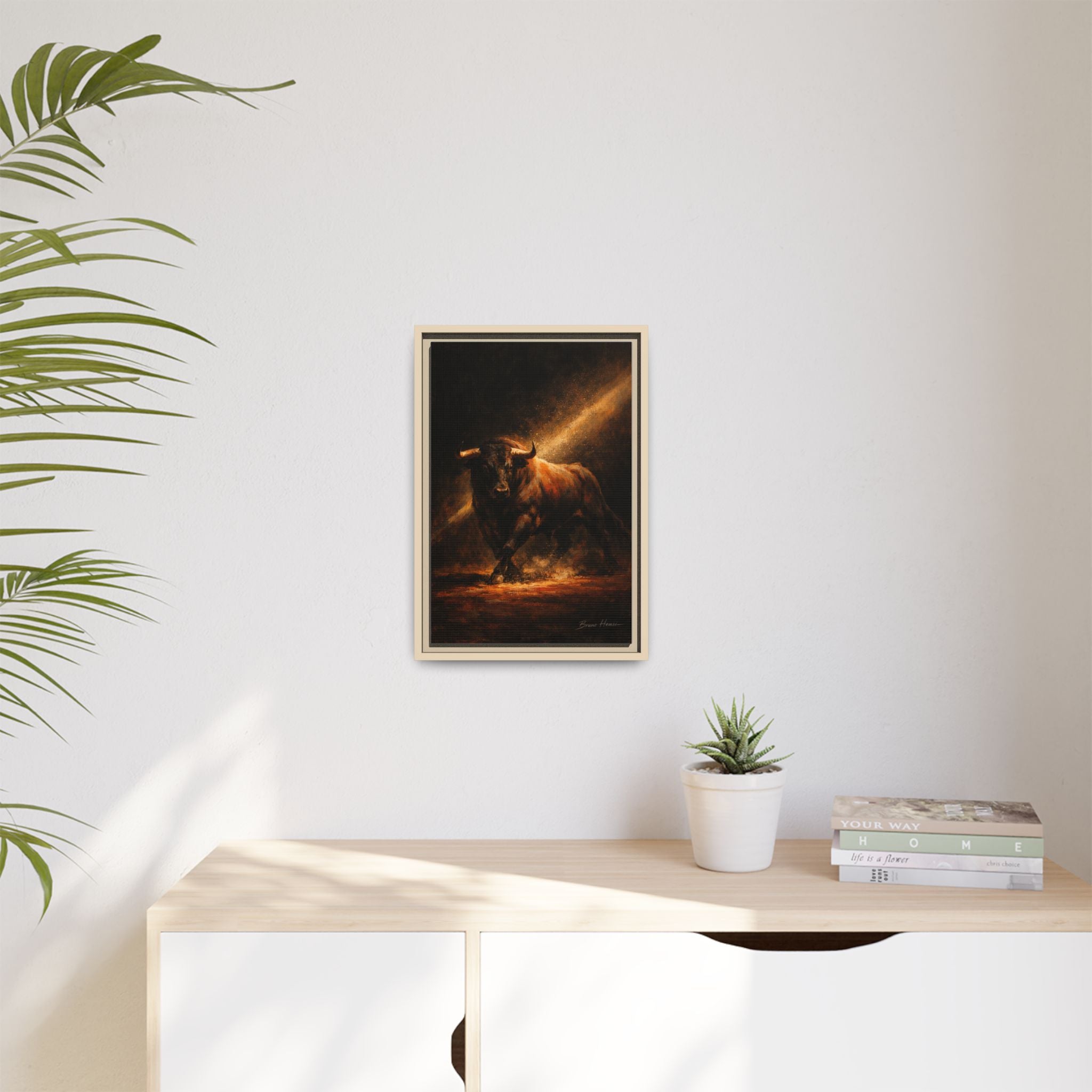 Framed Matte Canvas Art - Dramatic Charging Bull Painting