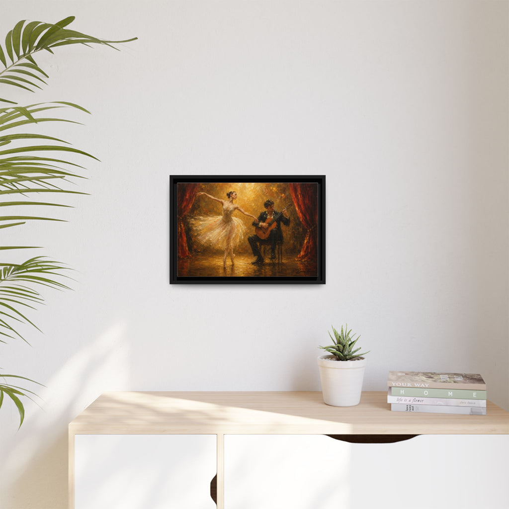 Ballet Dancer & Guitarist Framed Canvas Wall Art — Oil-Style Performance Print