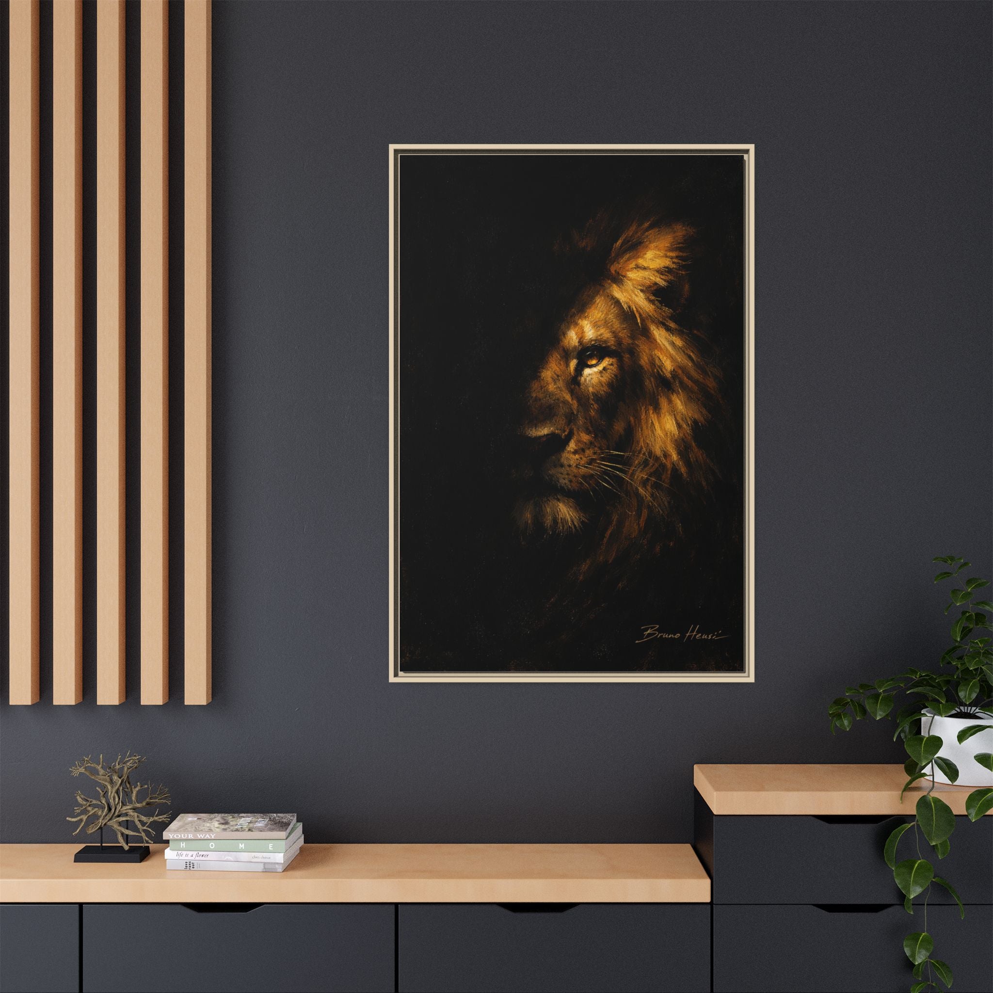 Majestic Lion Portrait Framed Canvas Wall Art — Golden Mane on Black Matte Print