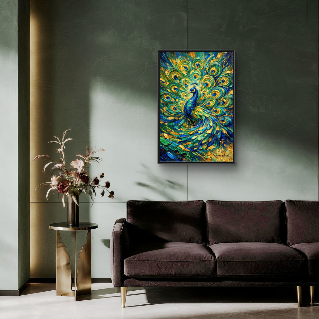 Peacock Oil-Style Framed Canvas Wall Art — Vibrant Blue & Gold Peacock Painting