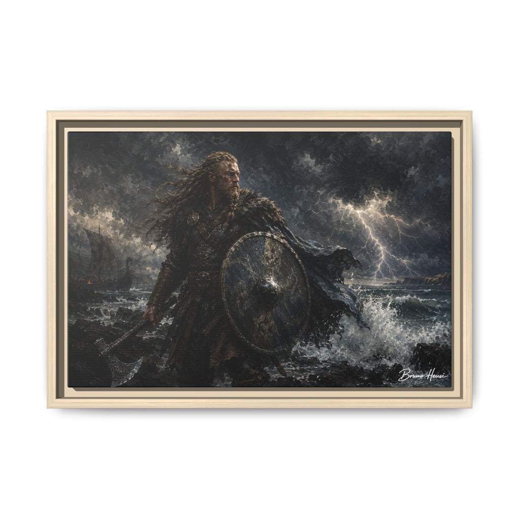 Viking Warrior Matte Framed Canvas Print — Stormy Norse Shield and Axe Wall Art