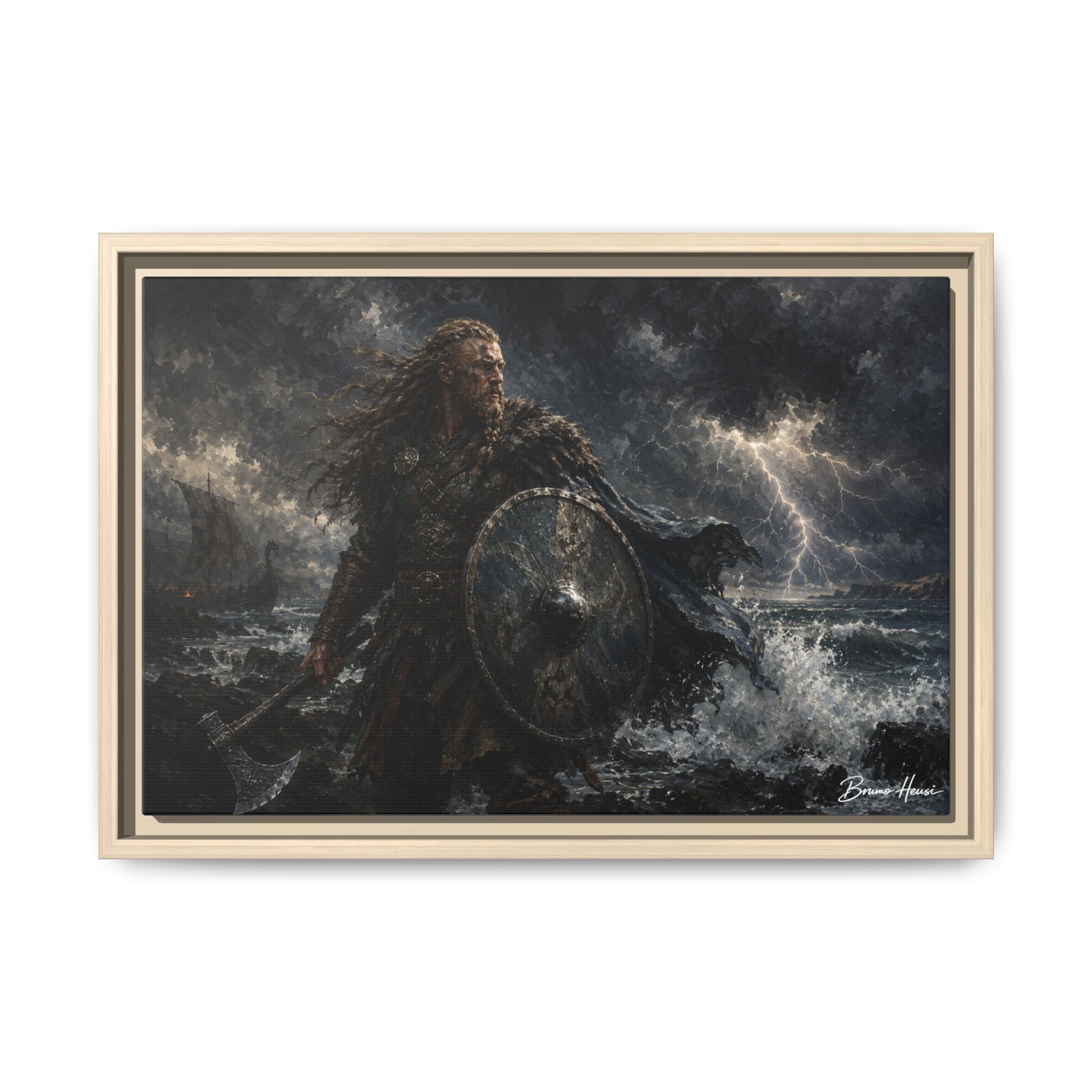 Viking Warrior Matte Framed Canvas Print — Stormy Norse Shield and Axe Wall Art