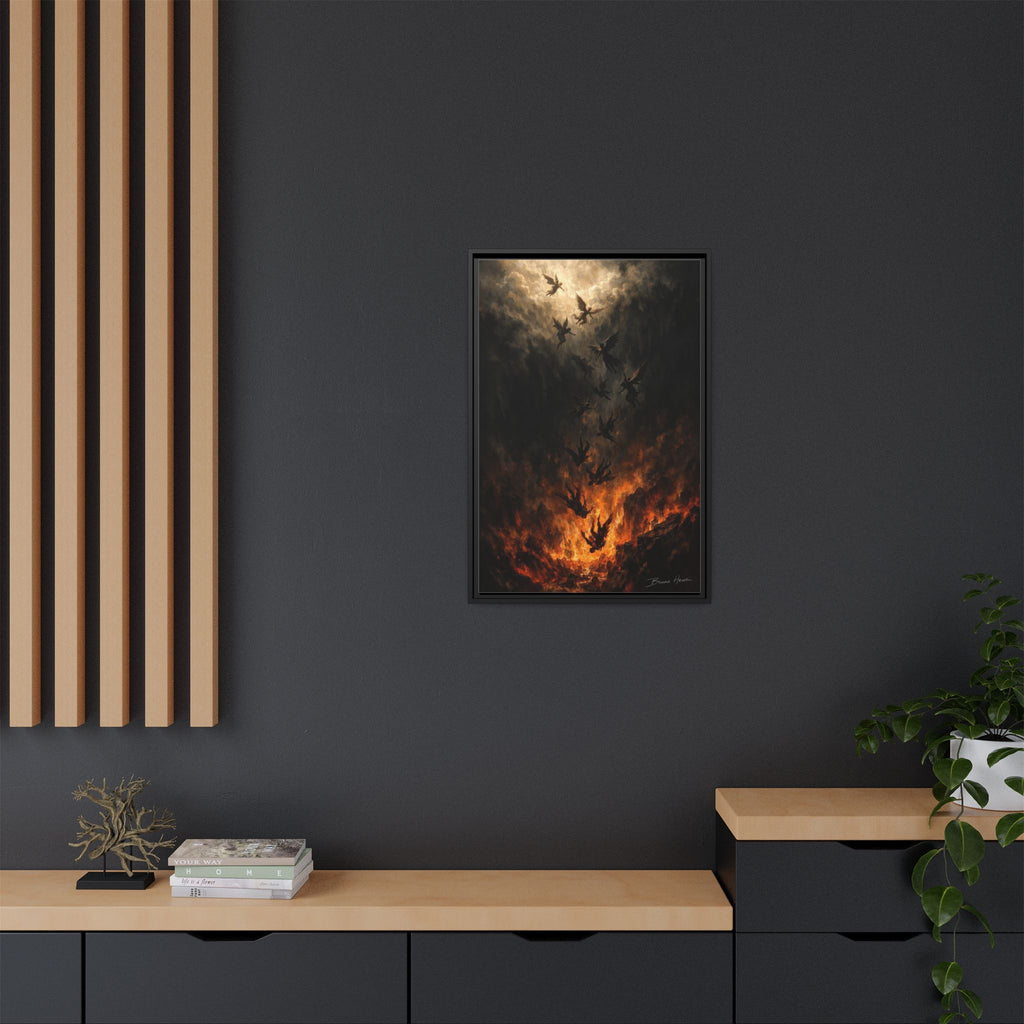 Falling Angels Matte Framed Canvas Print — Dark Fantasy Wall Art