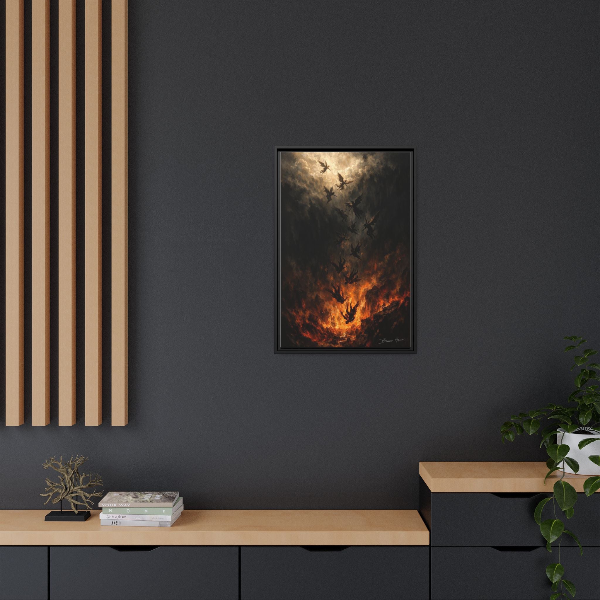 Falling Angels Matte Framed Canvas Print — Dark Fantasy Wall Art