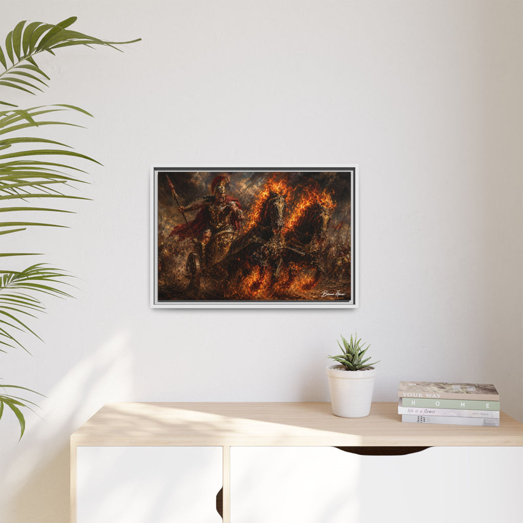 Flaming Chariot Framed Canvas Wall Art — Mythic Warrior Matte Print