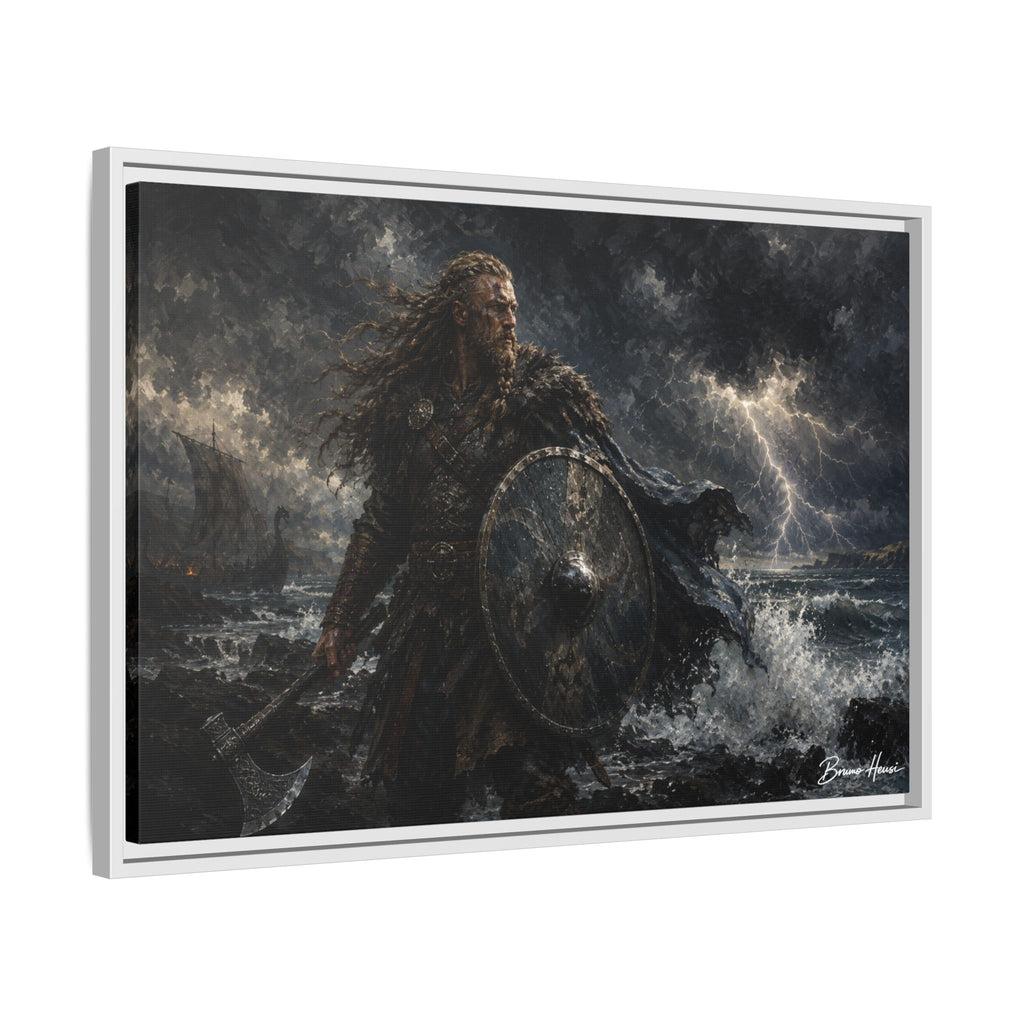 Viking Warrior Matte Framed Canvas Print — Stormy Norse Shield and Axe Wall Art