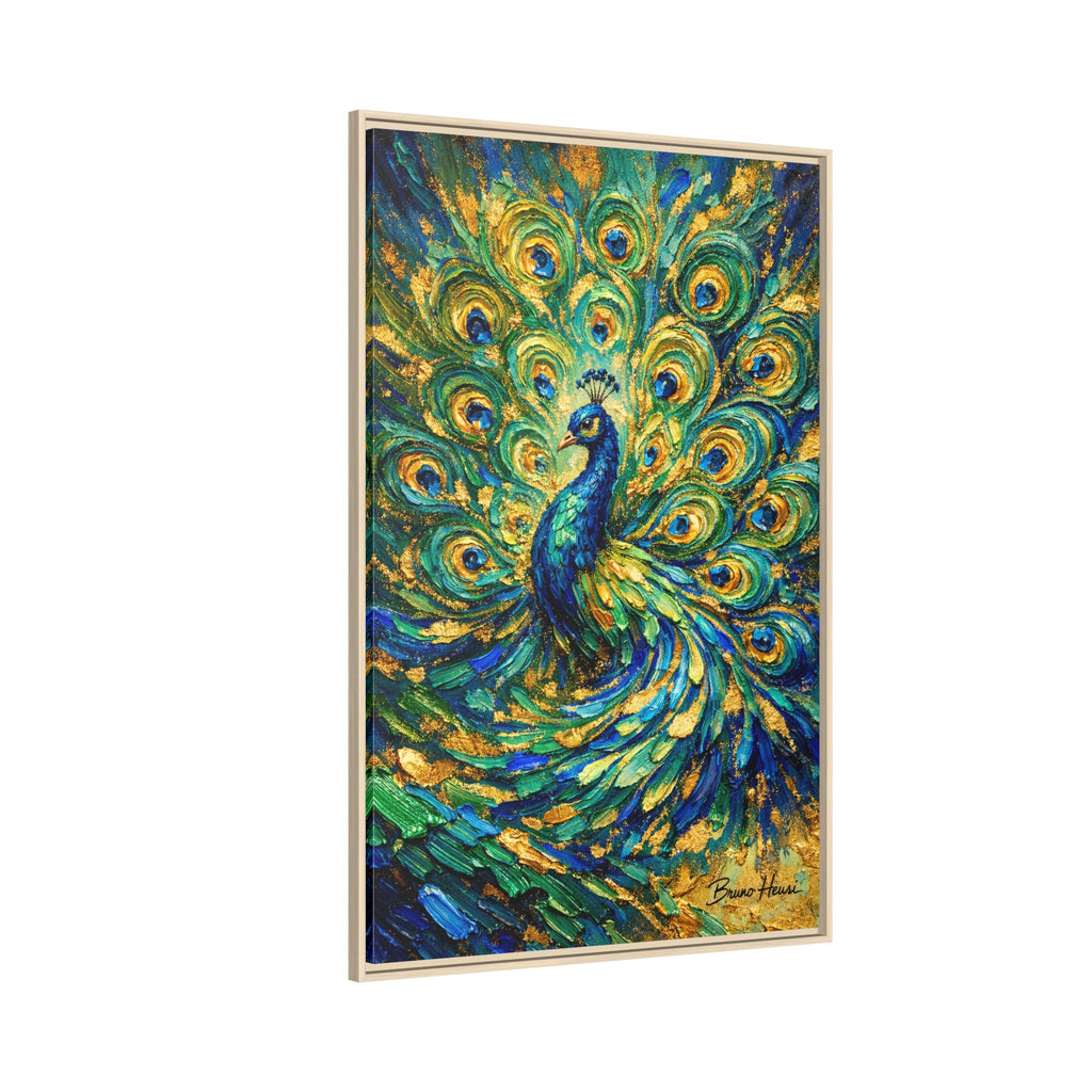 Peacock Oil-Style Framed Canvas Wall Art — Vibrant Blue & Gold Peacock Painting