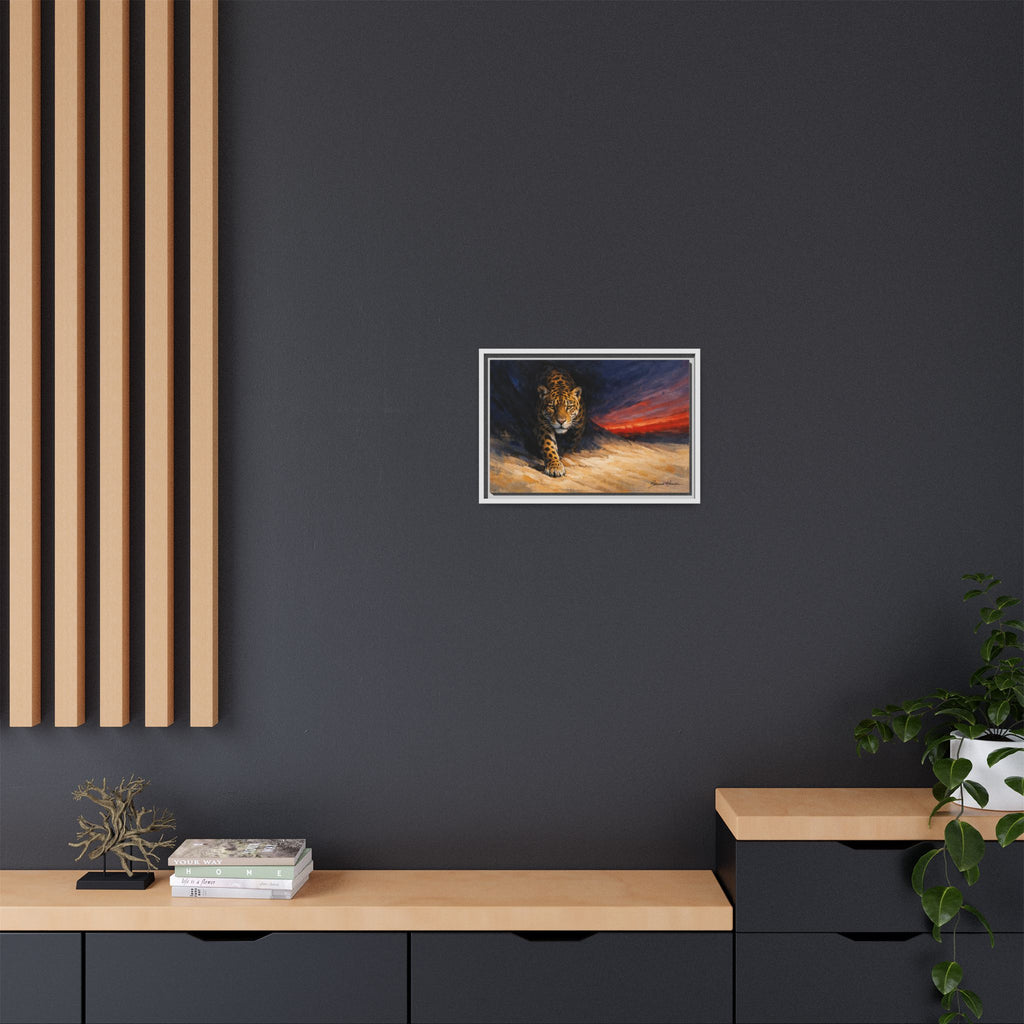 Framed Jaguar Canvas Art – Majestic Big Cat Painting with Sunset Sky