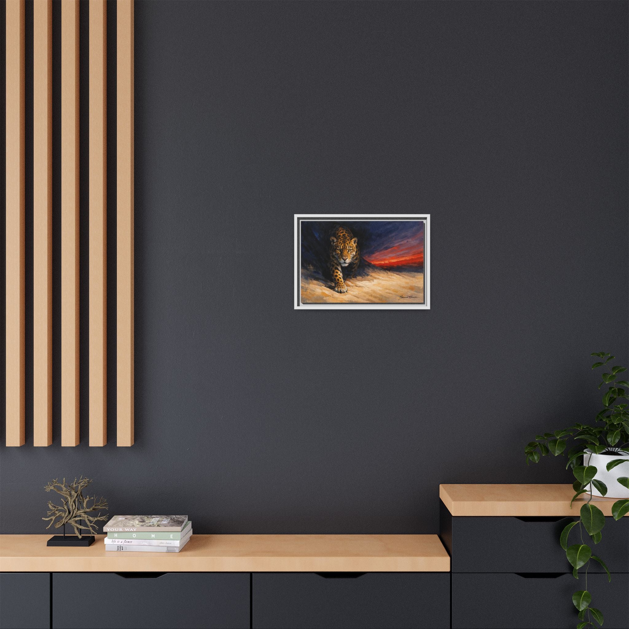 Framed Jaguar Canvas Art – Majestic Big Cat Painting with Sunset Sky