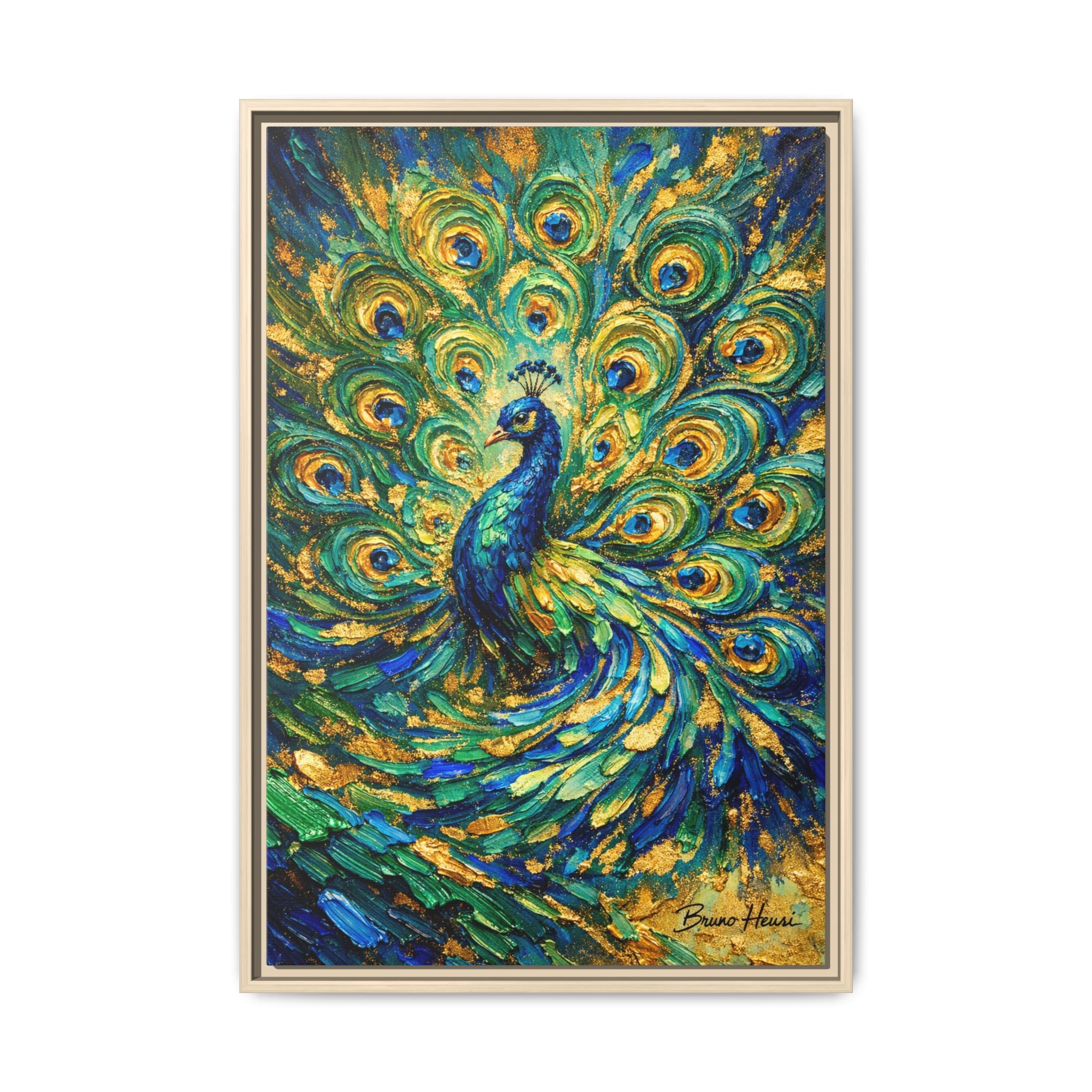 Peacock Oil-Style Framed Canvas Wall Art — Vibrant Blue & Gold Peacock Painting