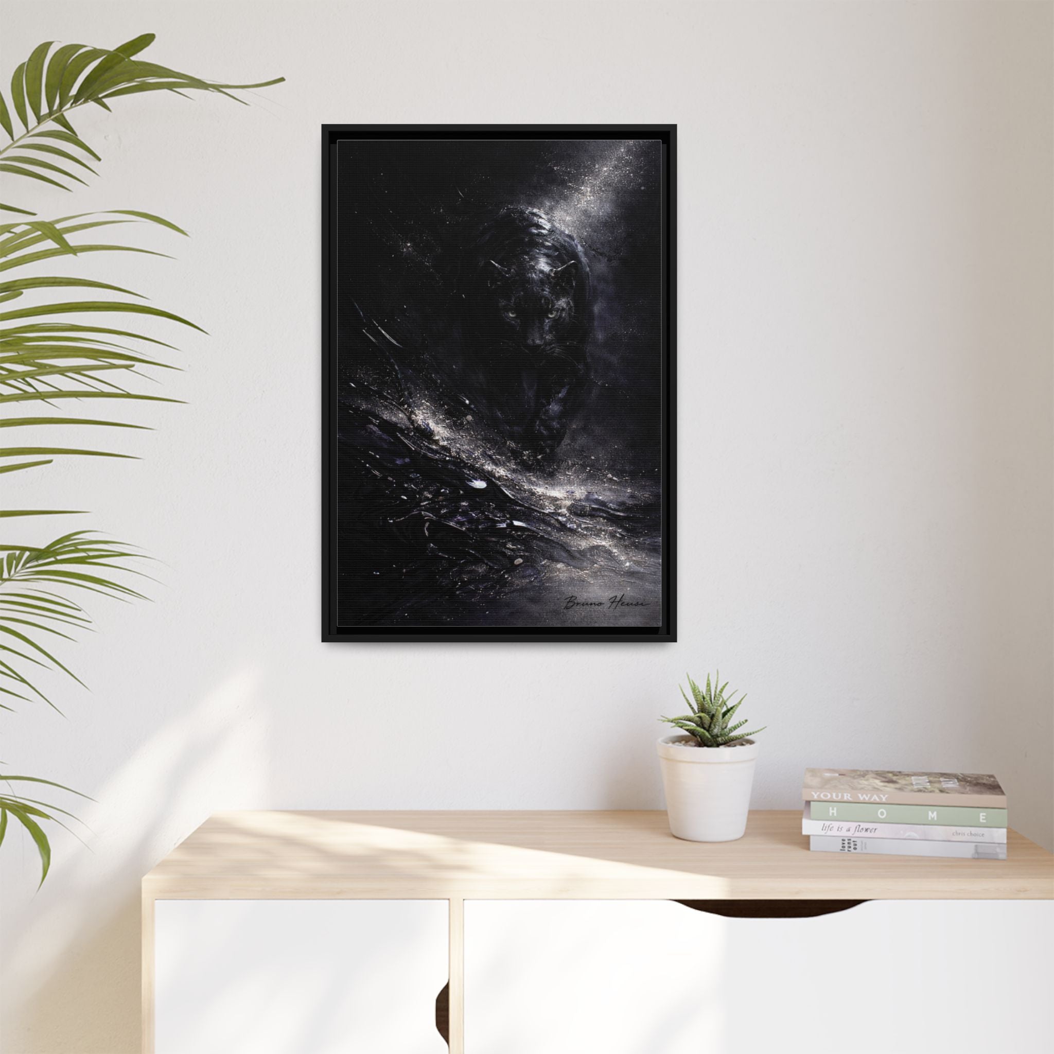 Cosmic Black Panther Matte Framed Canvas – Dark Abstract Wildlife Wall Art