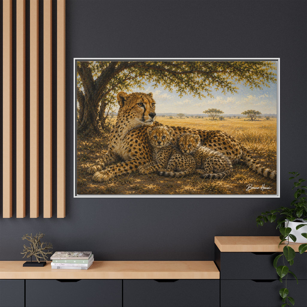 Cheetah Mother & Cubs Framed Canvas Wall Art – African Wildlife Safari Print
