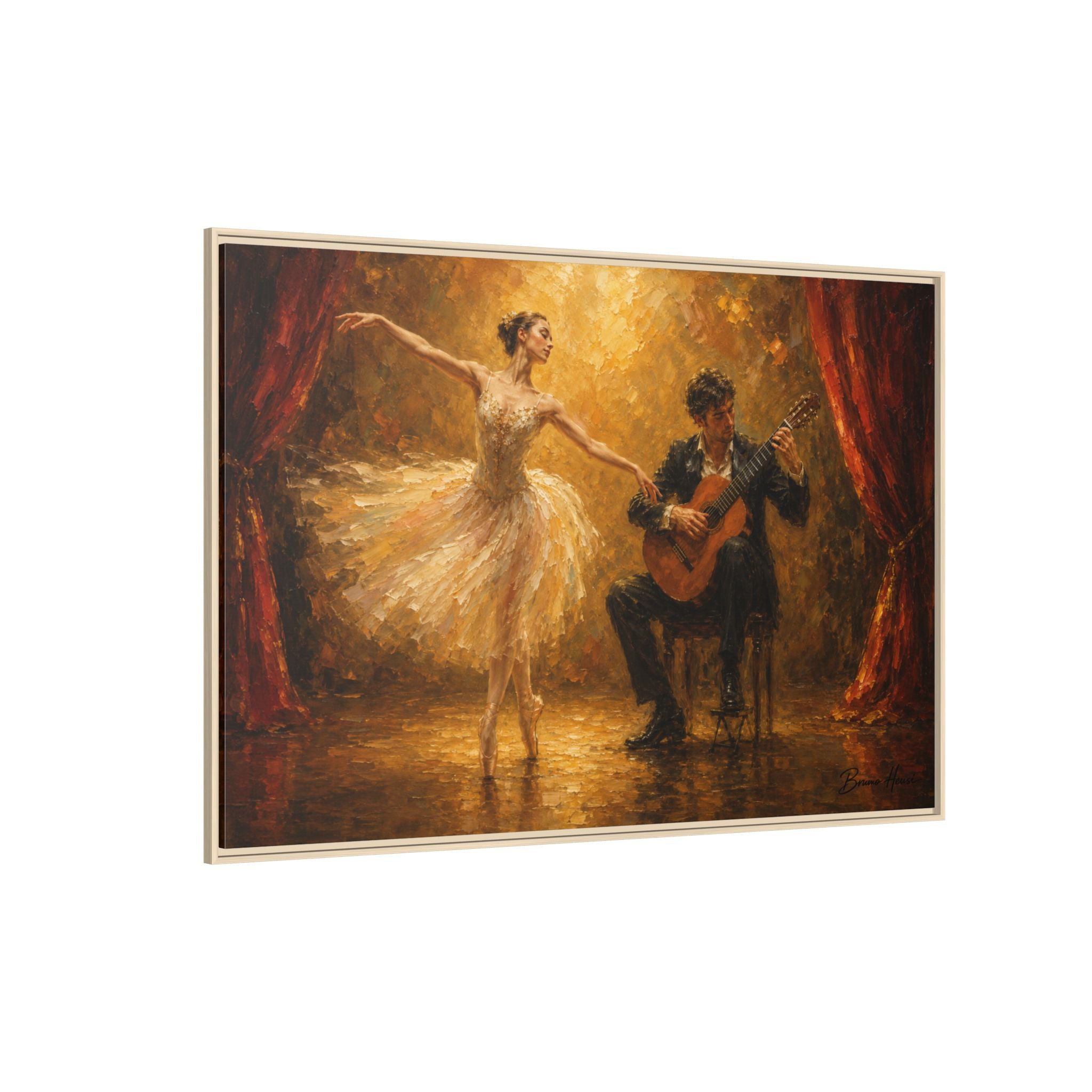 Ballet Dancer & Guitarist Framed Canvas Wall Art — Oil-Style Performance Print