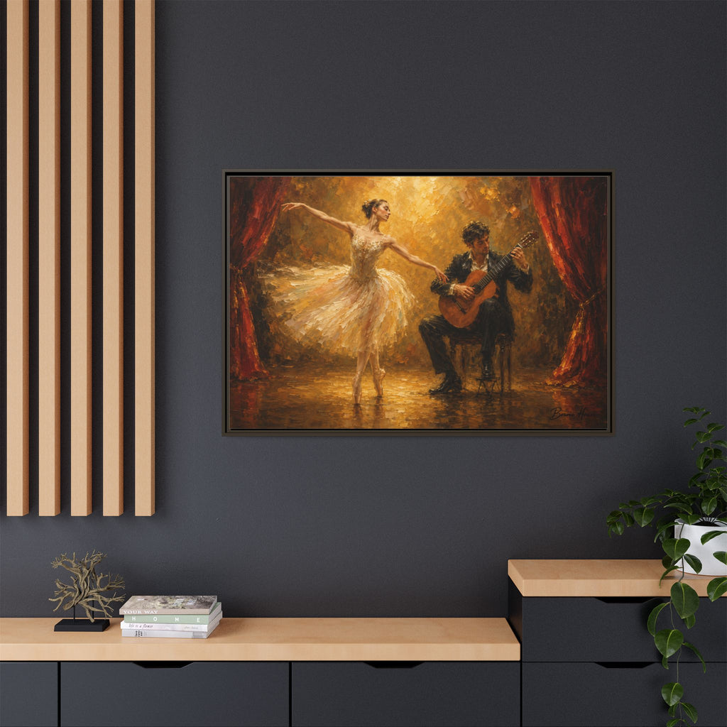 Ballet Dancer & Guitarist Framed Canvas Wall Art — Oil-Style Performance Print