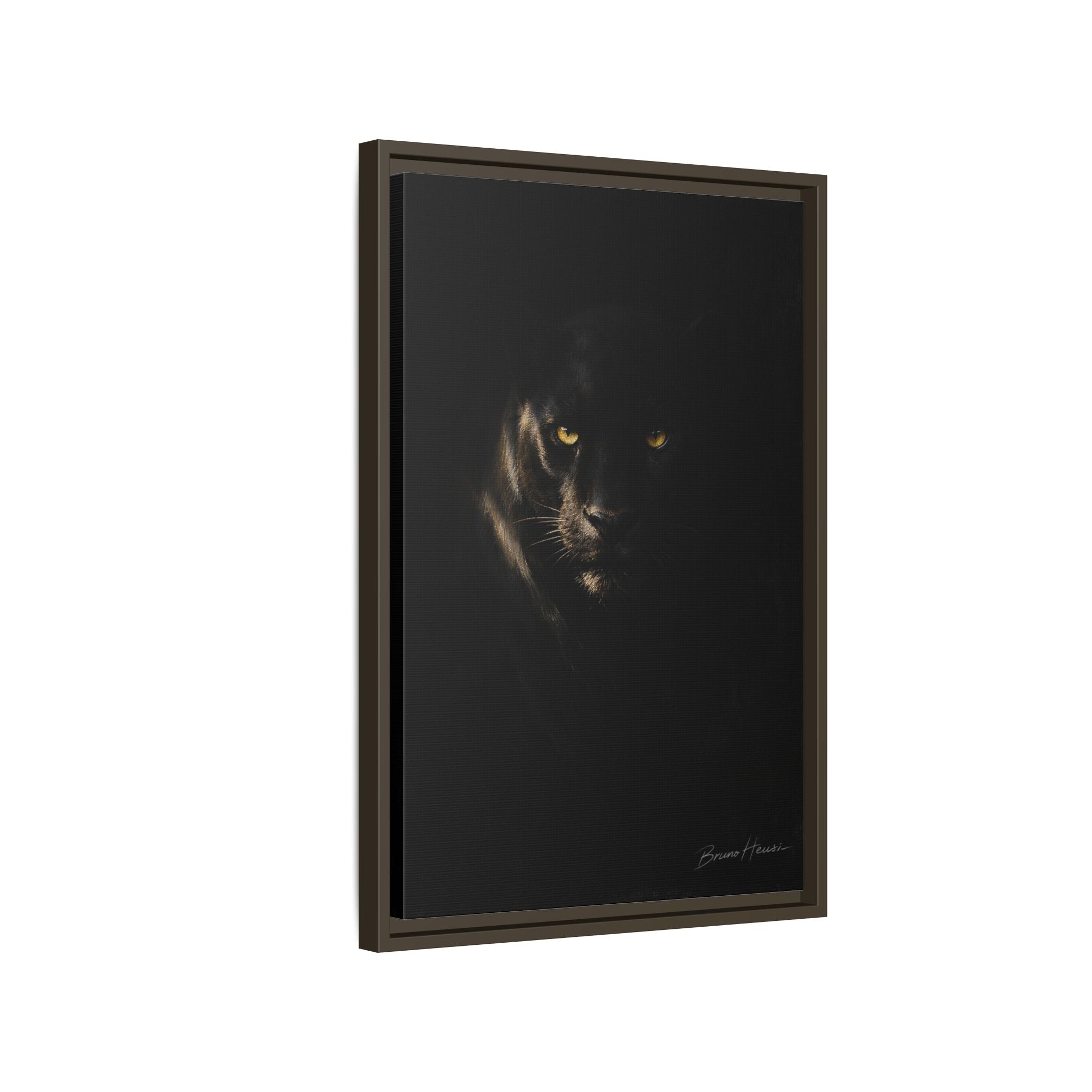 Framed Matte Canvas - Black Panther Wall Art with Golden Eyes