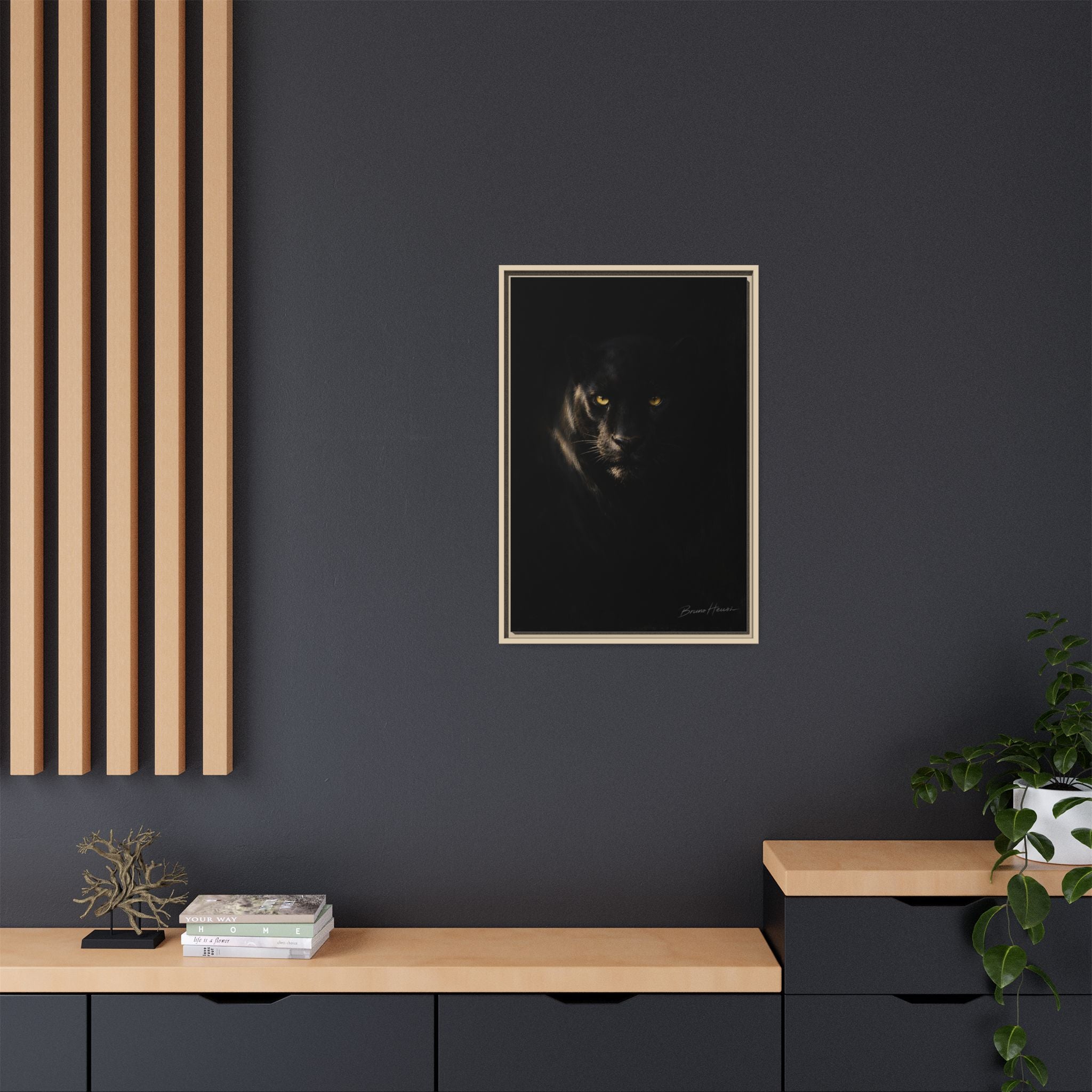 Framed Matte Canvas - Black Panther Wall Art with Golden Eyes