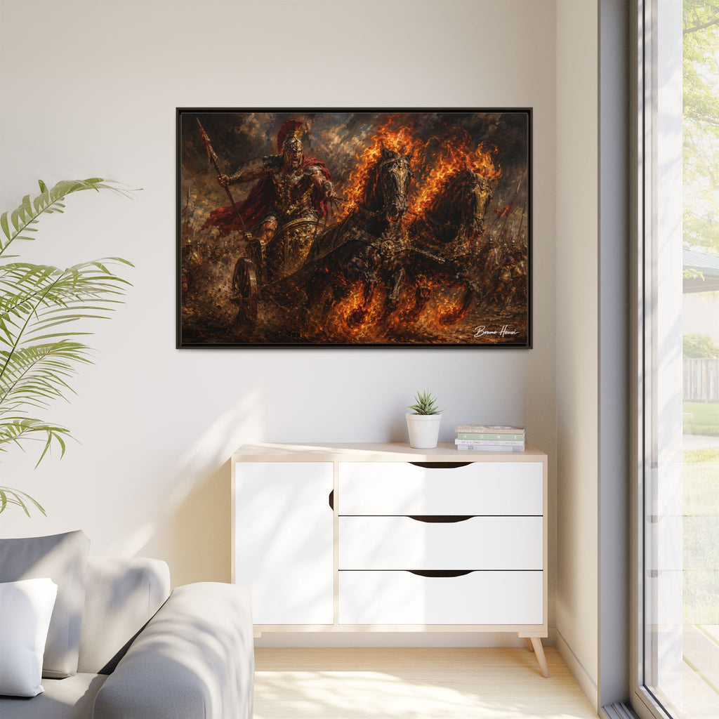 Flaming Chariot Framed Canvas Wall Art — Mythic Warrior Matte Print