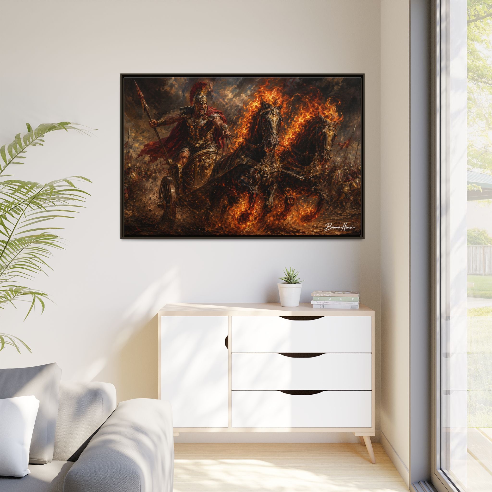Flaming Chariot Framed Canvas Wall Art — Mythic Warrior Matte Print