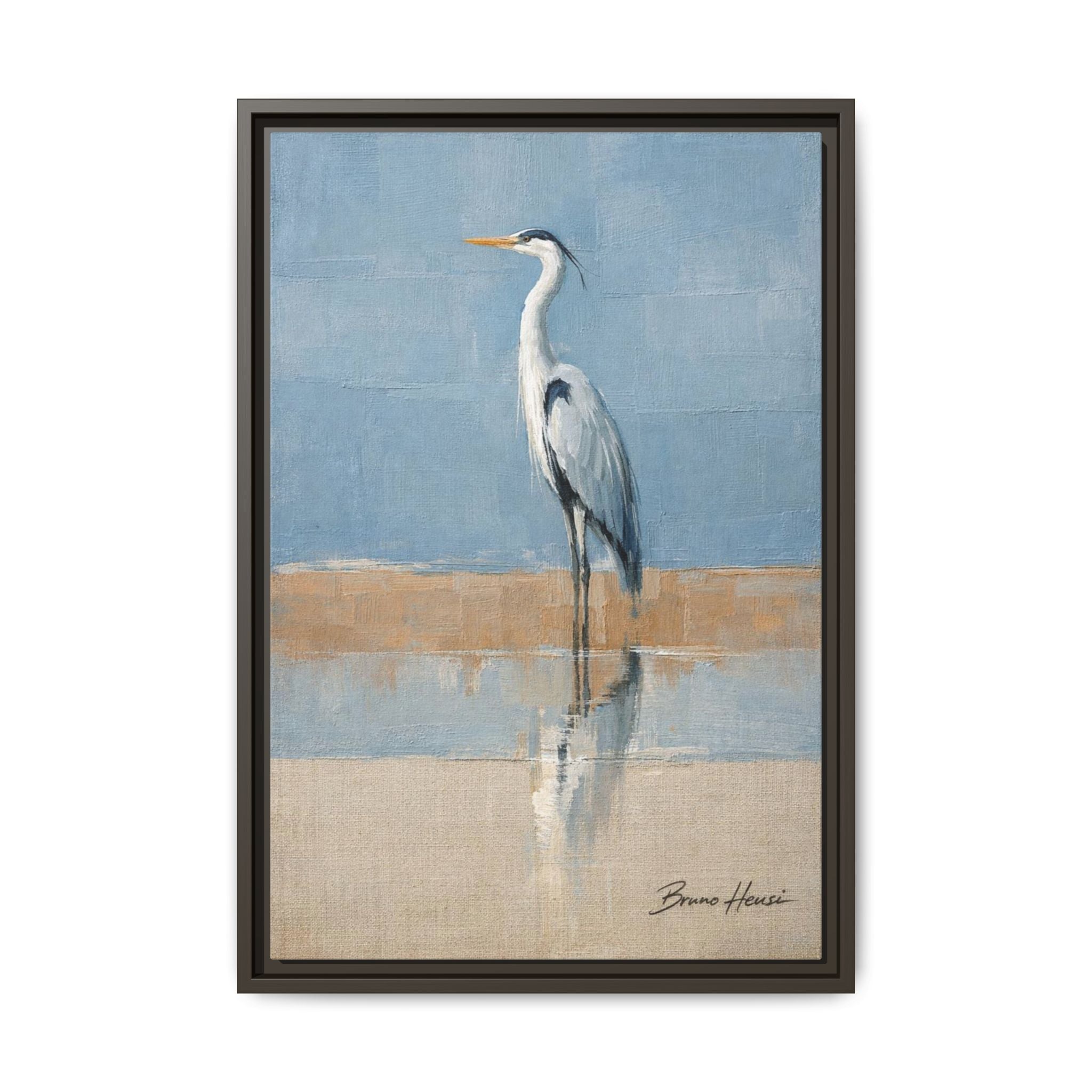 Framed Heron Canvas Art – Coastal Shorebird Wall Decor