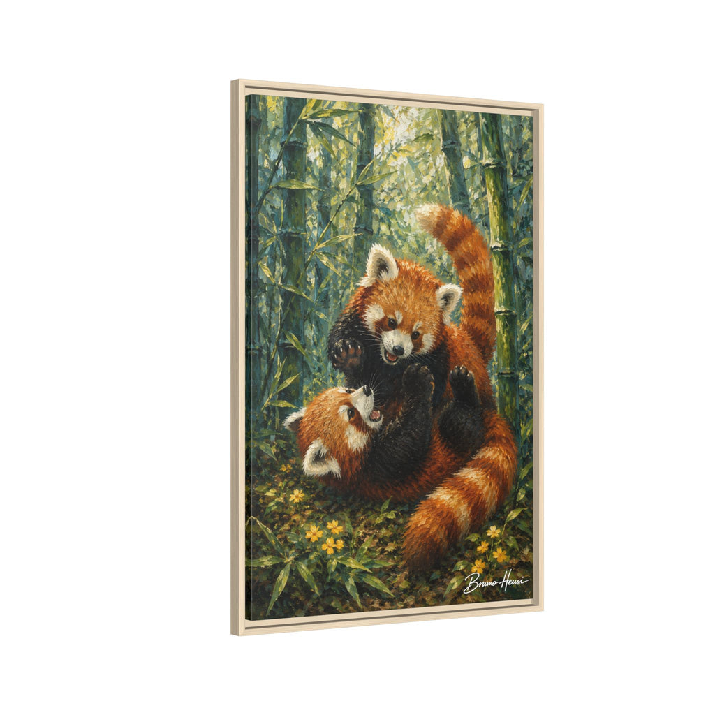 Red Panda Playtime Framed Canvas Wall Art — Playful Wildlife Print