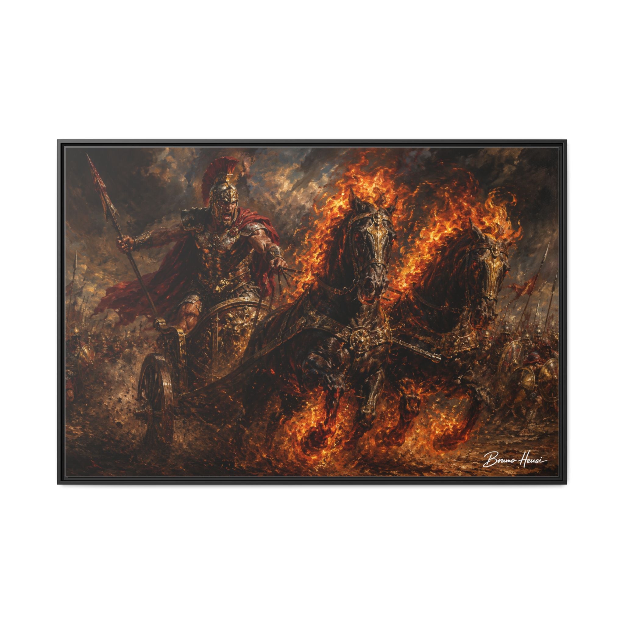 Flaming Chariot Framed Canvas Wall Art — Mythic Warrior Matte Print