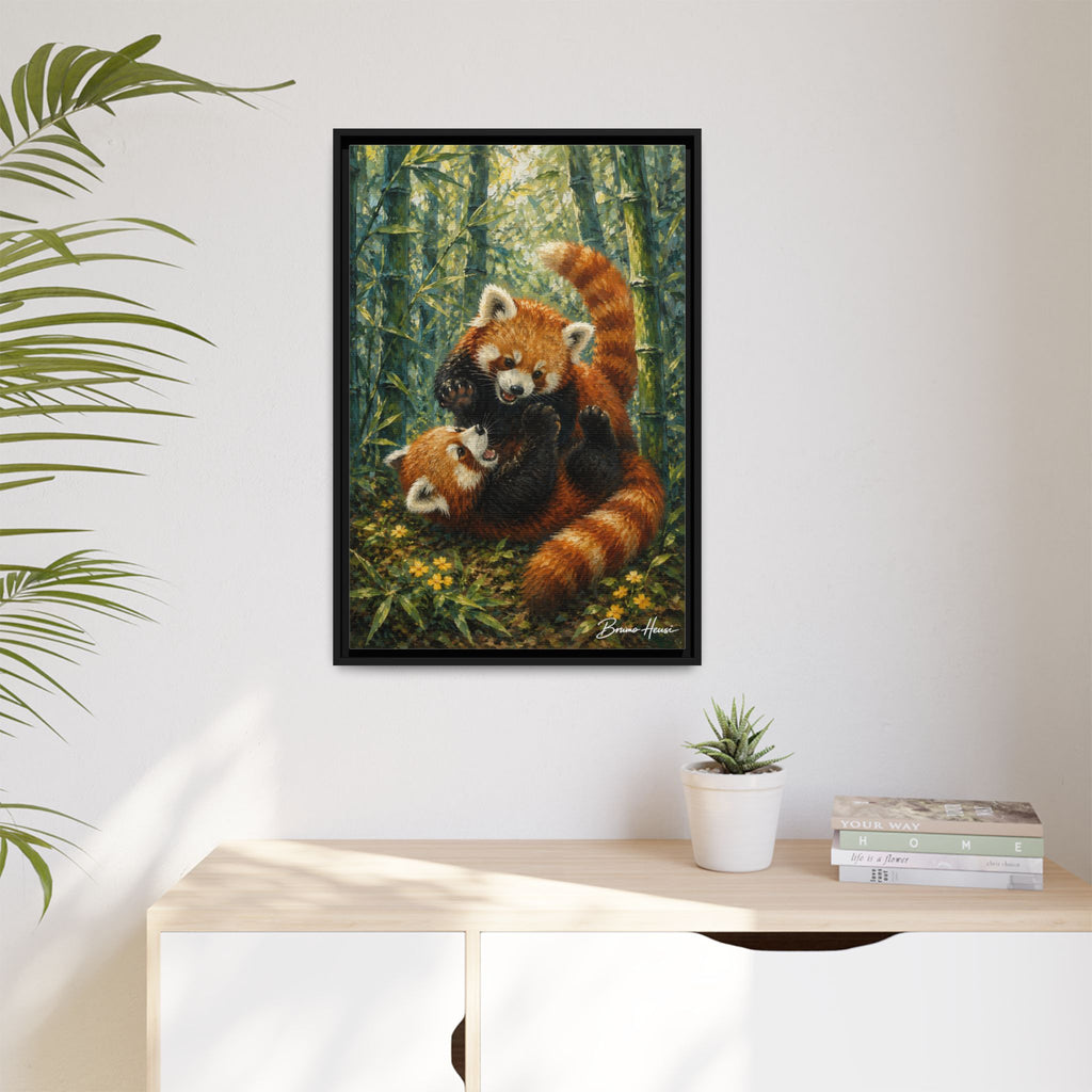 Red Panda Playtime Framed Canvas Wall Art — Playful Wildlife Print