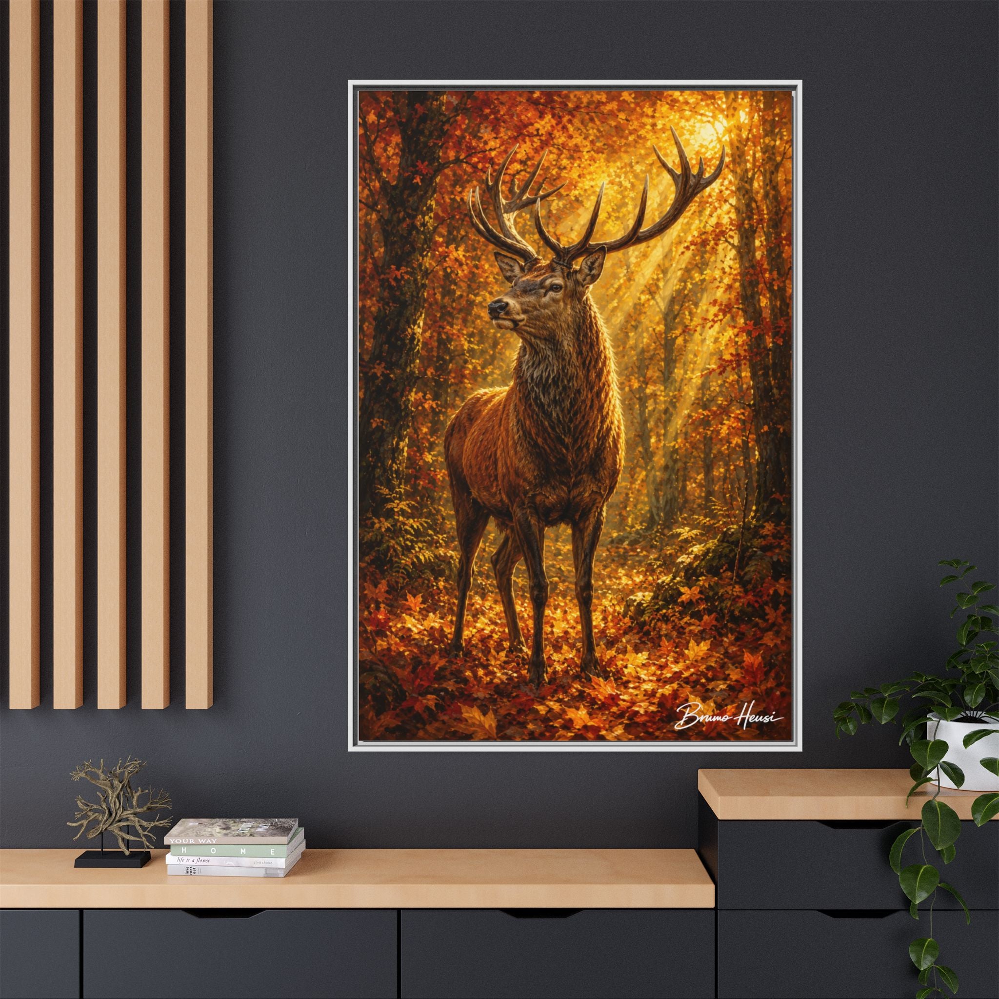 Majestic Stag Framed Canvas Wall Art — Autumn Forest Matte Print