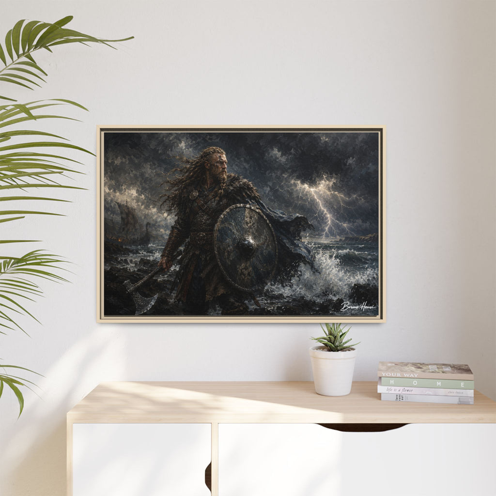Viking Warrior Matte Framed Canvas Print — Stormy Norse Shield and Axe Wall Art