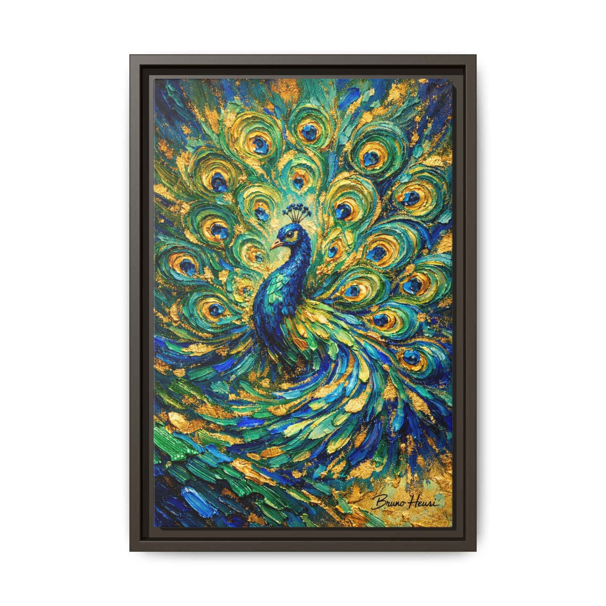 Peacock Oil-Style Framed Canvas Wall Art — Vibrant Blue & Gold Peacock Painting