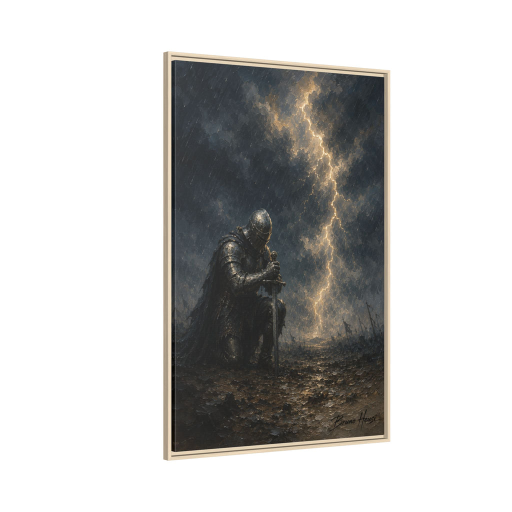 Knight in Thunderstorm Matte Framed Canvas — Dark Fantasy Wall Art