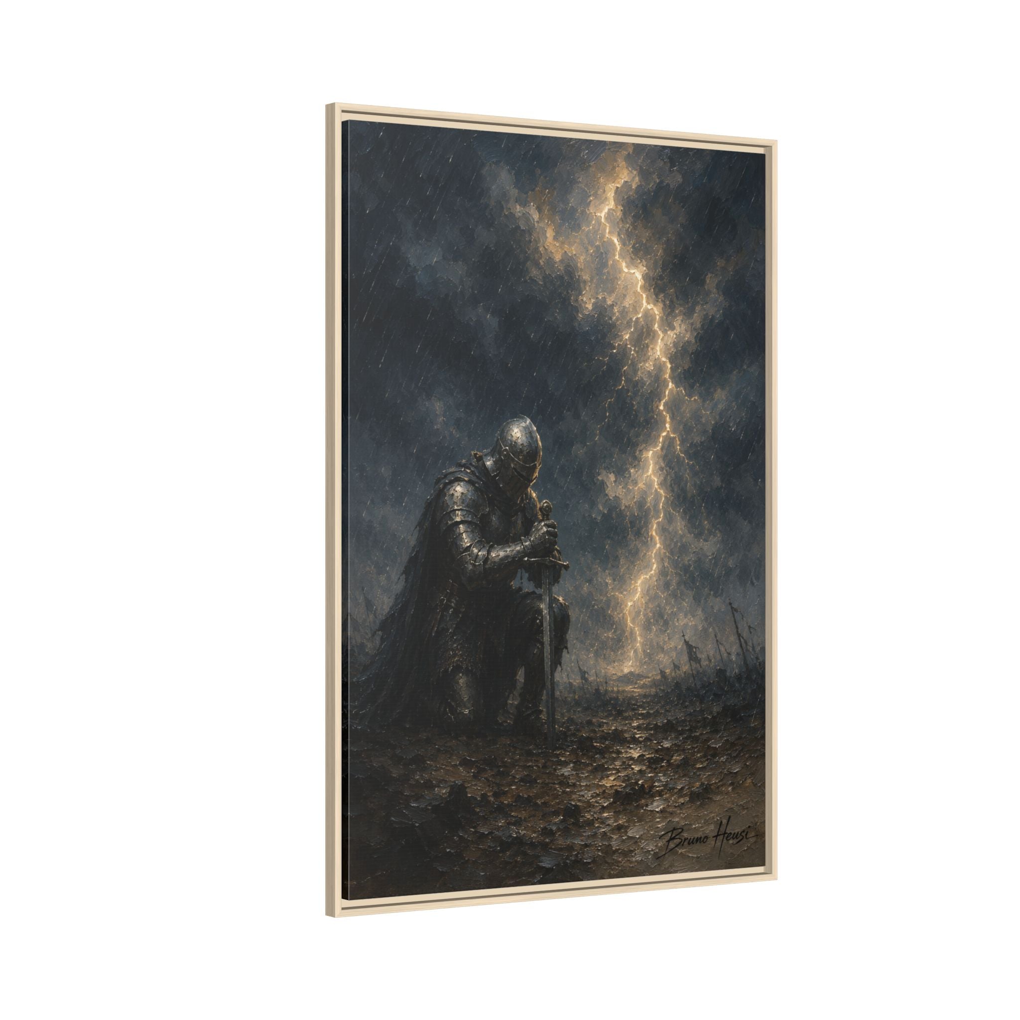 Knight in Thunderstorm Matte Framed Canvas — Dark Fantasy Wall Art