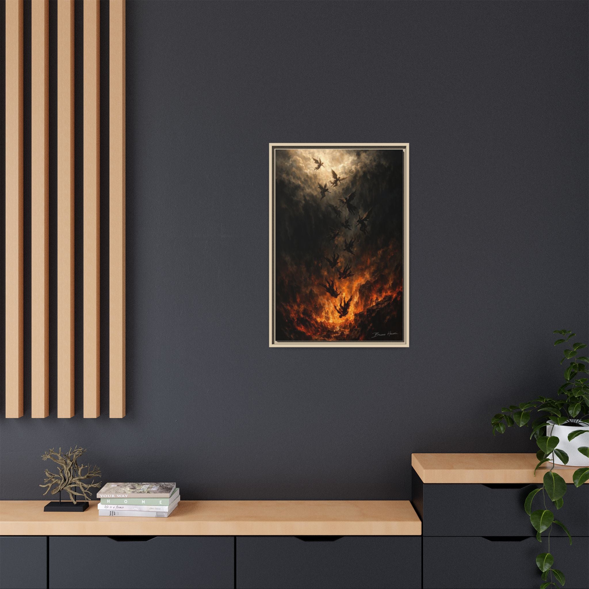Falling Angels Matte Framed Canvas Print — Dark Fantasy Wall Art