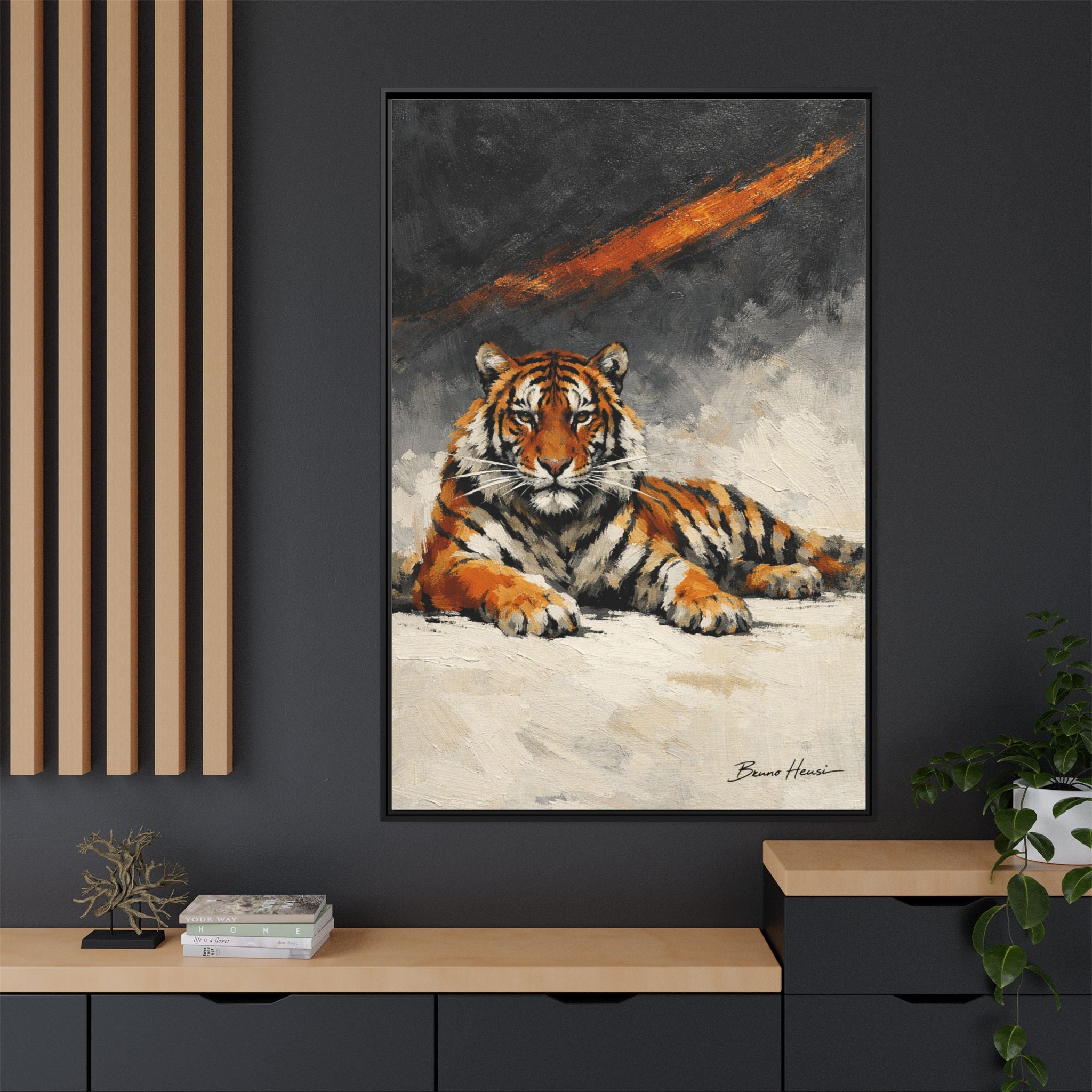 Framed Tiger Canvas Wall Art — Majestic Orange & Gray Matte Print