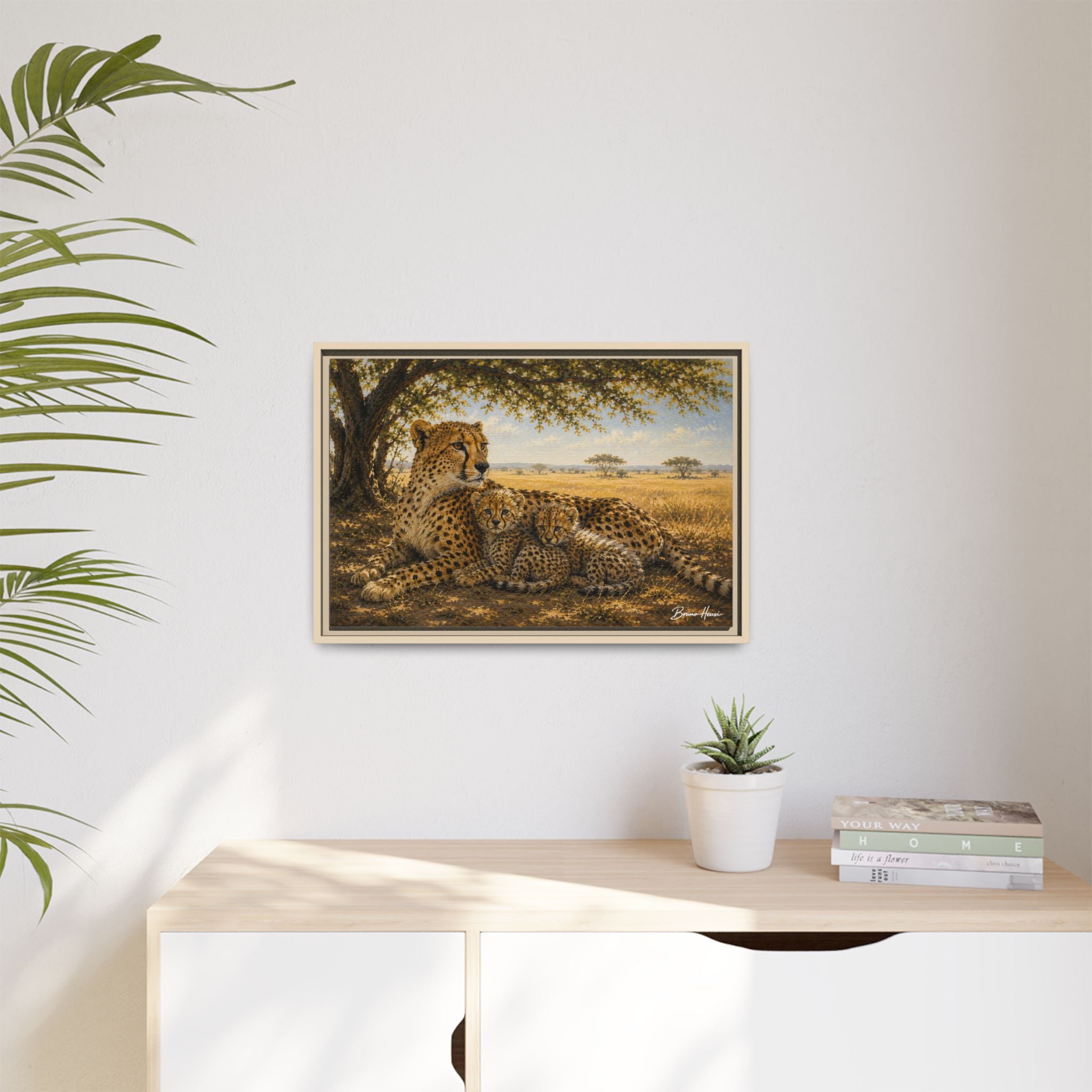 Cheetah Mother & Cubs Framed Canvas Wall Art – African Wildlife Safari Print