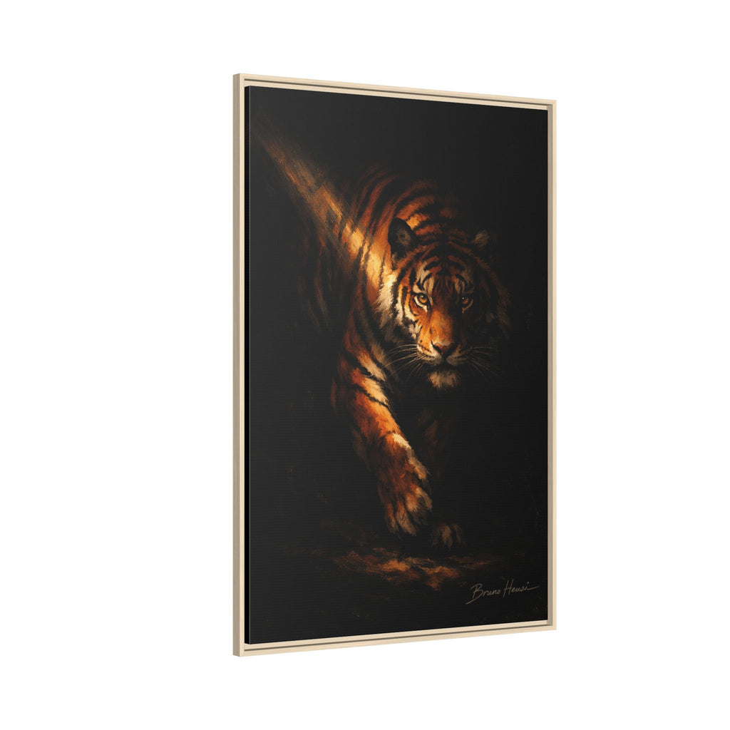 Tiger in the Shadows Matte Framed Canvas Print — Dramatic Wildlife Wall Art