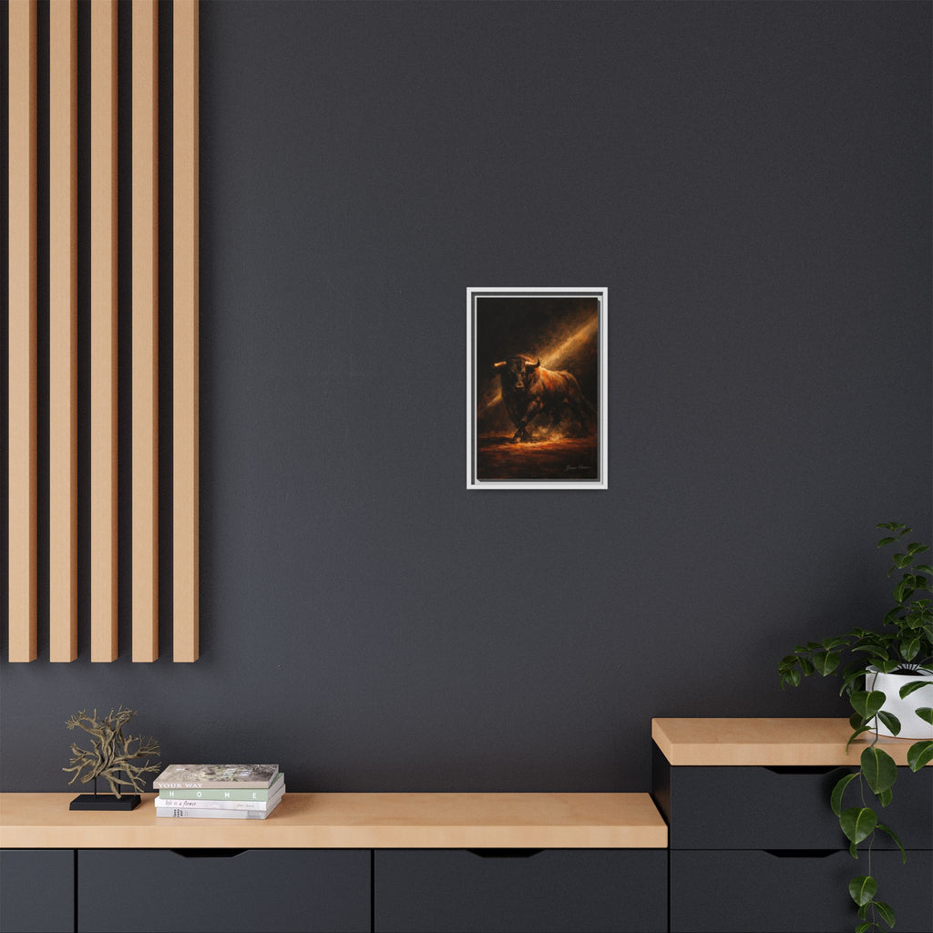 Framed Matte Canvas Art - Dramatic Charging Bull Painting