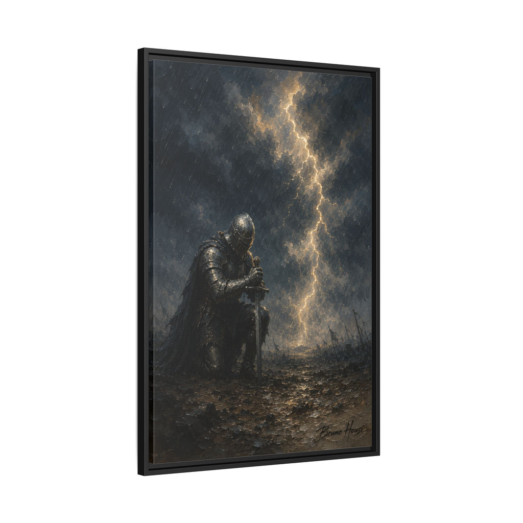 Knight in Thunderstorm Matte Framed Canvas — Dark Fantasy Wall Art