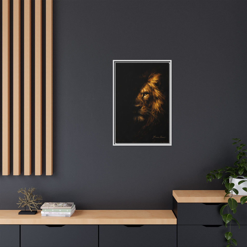 Majestic Lion Portrait Framed Canvas Wall Art — Golden Mane on Black Matte Print