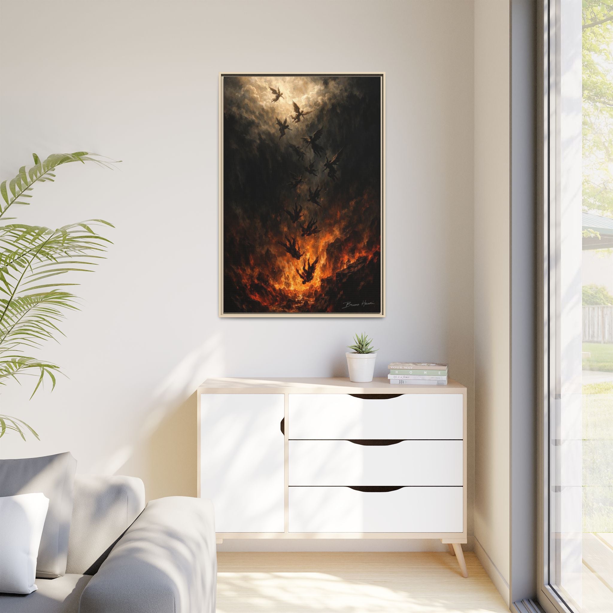 Falling Angels Matte Framed Canvas Print — Dark Fantasy Wall Art