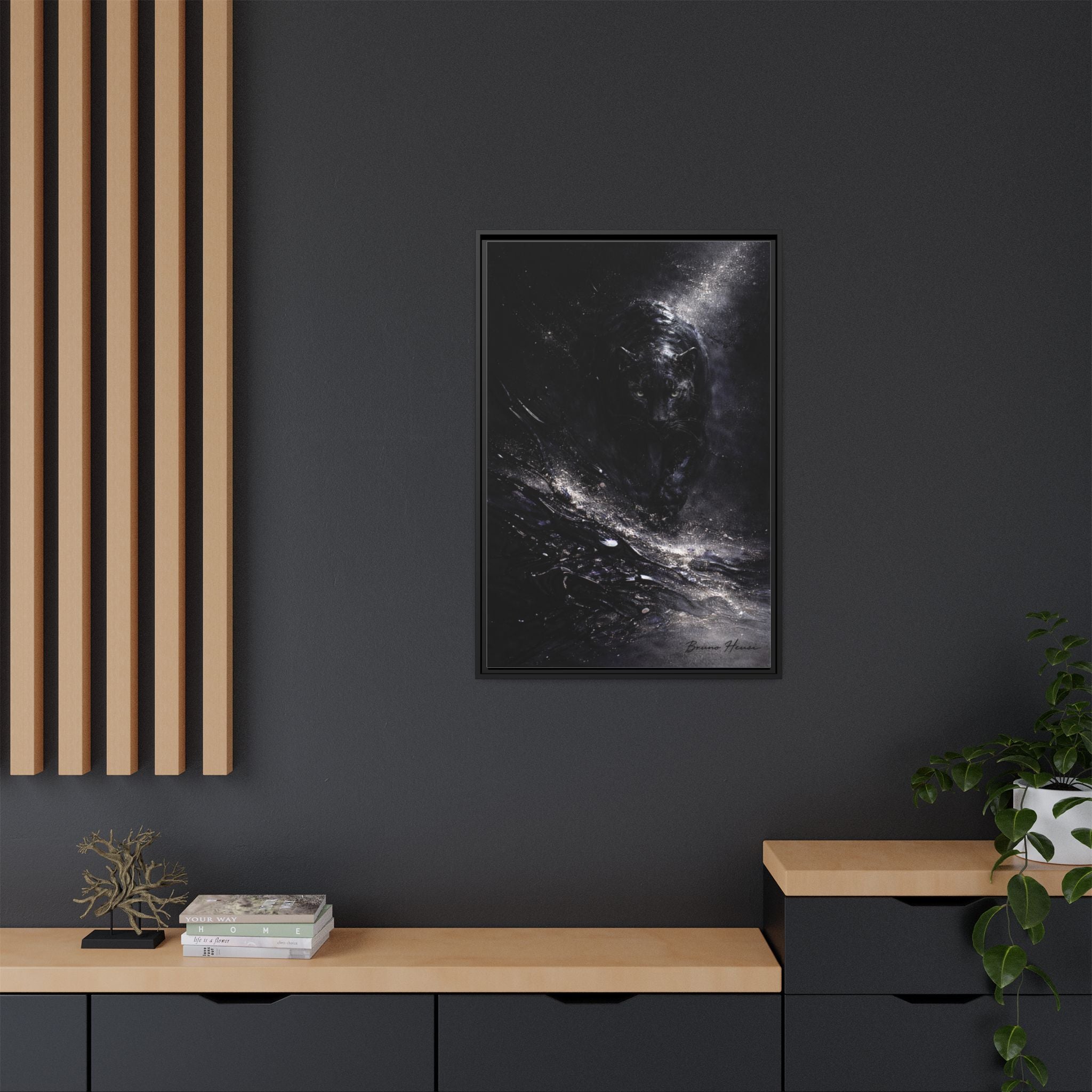 Cosmic Black Panther Matte Framed Canvas – Dark Abstract Wildlife Wall Art