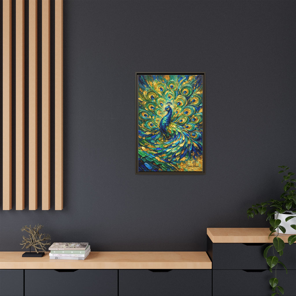 Peacock Oil-Style Framed Canvas Wall Art — Vibrant Blue & Gold Peacock Painting