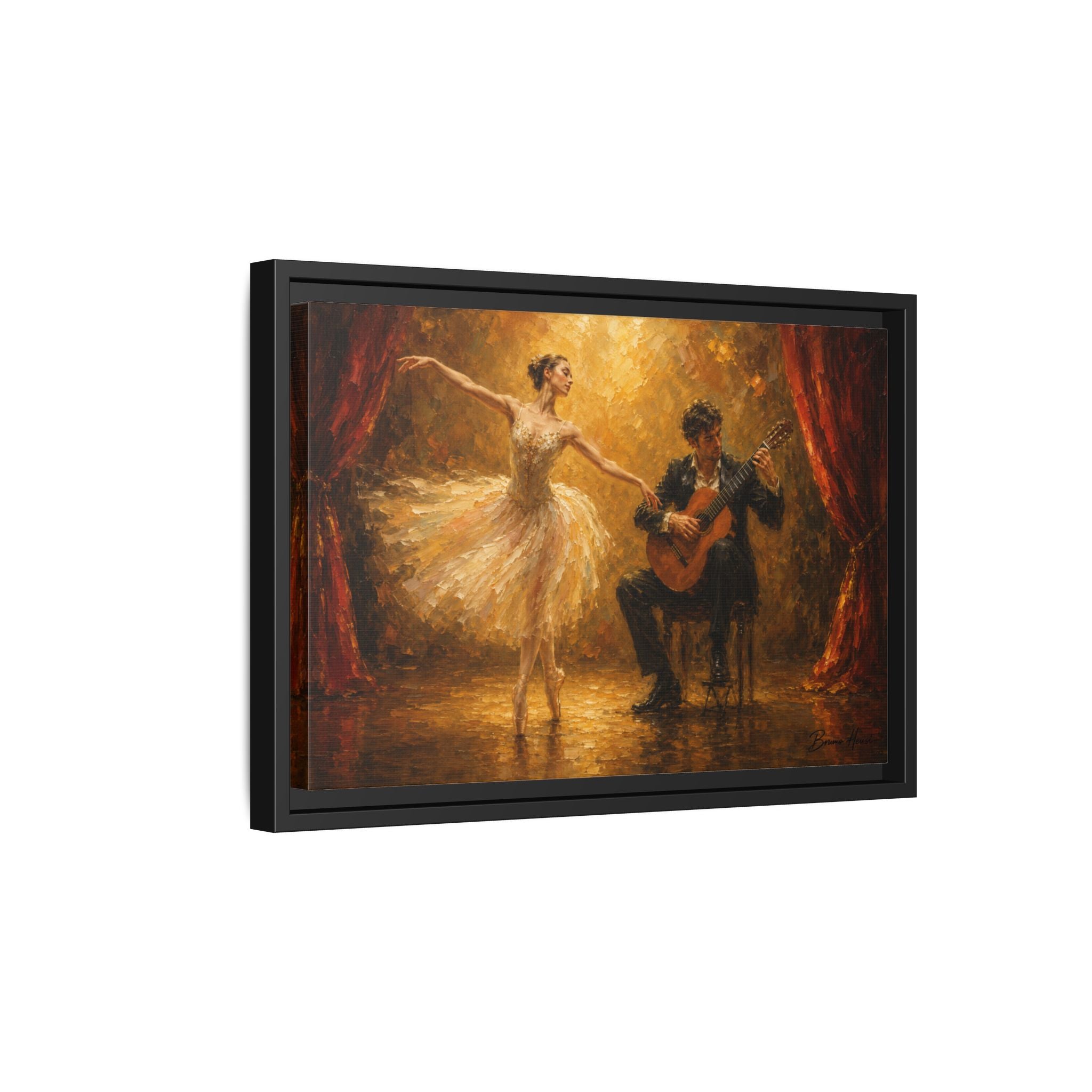 Ballet Dancer & Guitarist Framed Canvas Wall Art — Oil-Style Performance Print