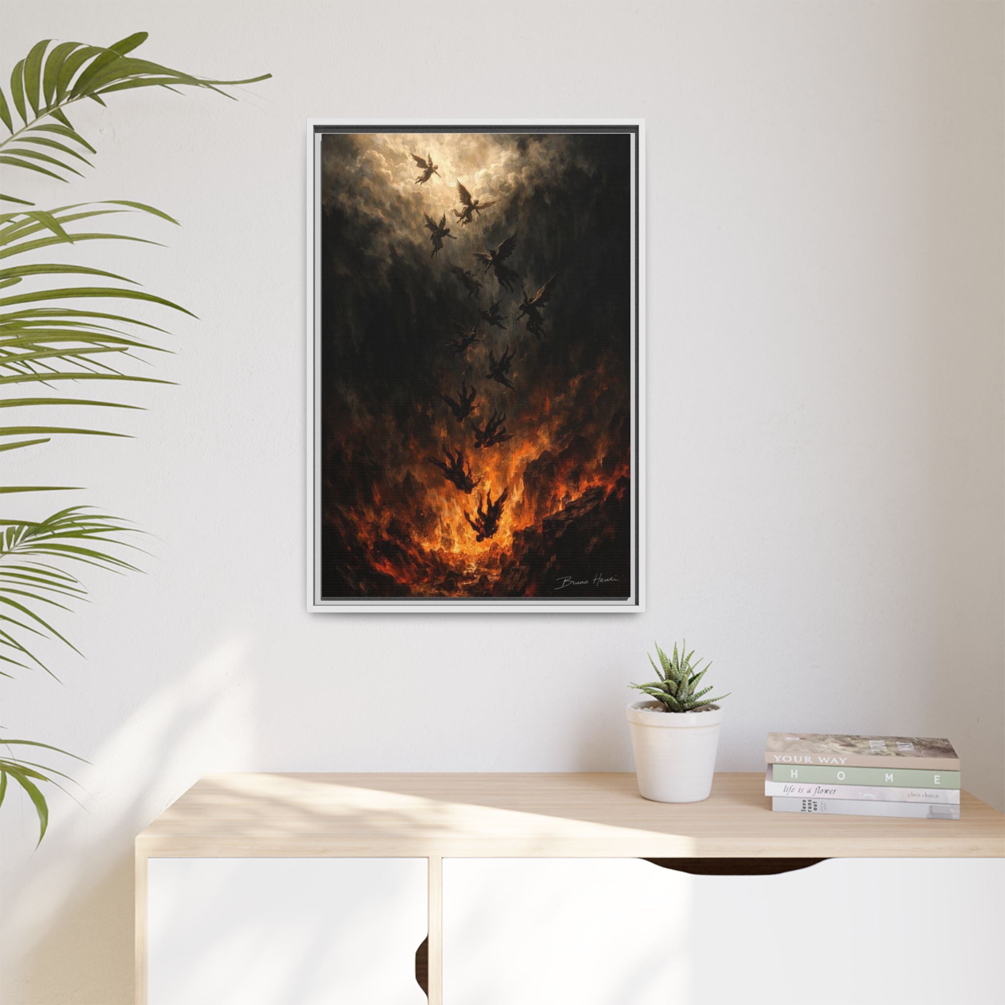 Falling Angels Matte Framed Canvas Print — Dark Fantasy Wall Art