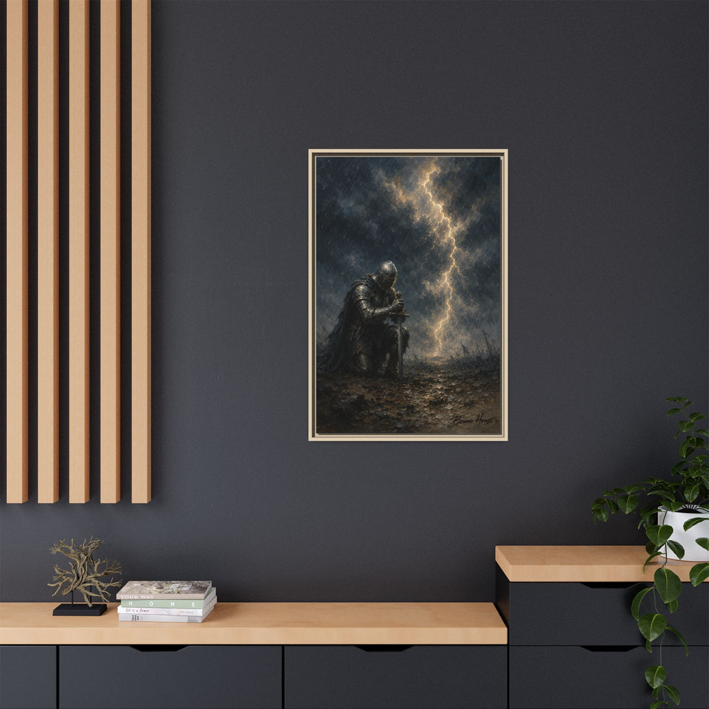 Knight in Thunderstorm Matte Framed Canvas — Dark Fantasy Wall Art