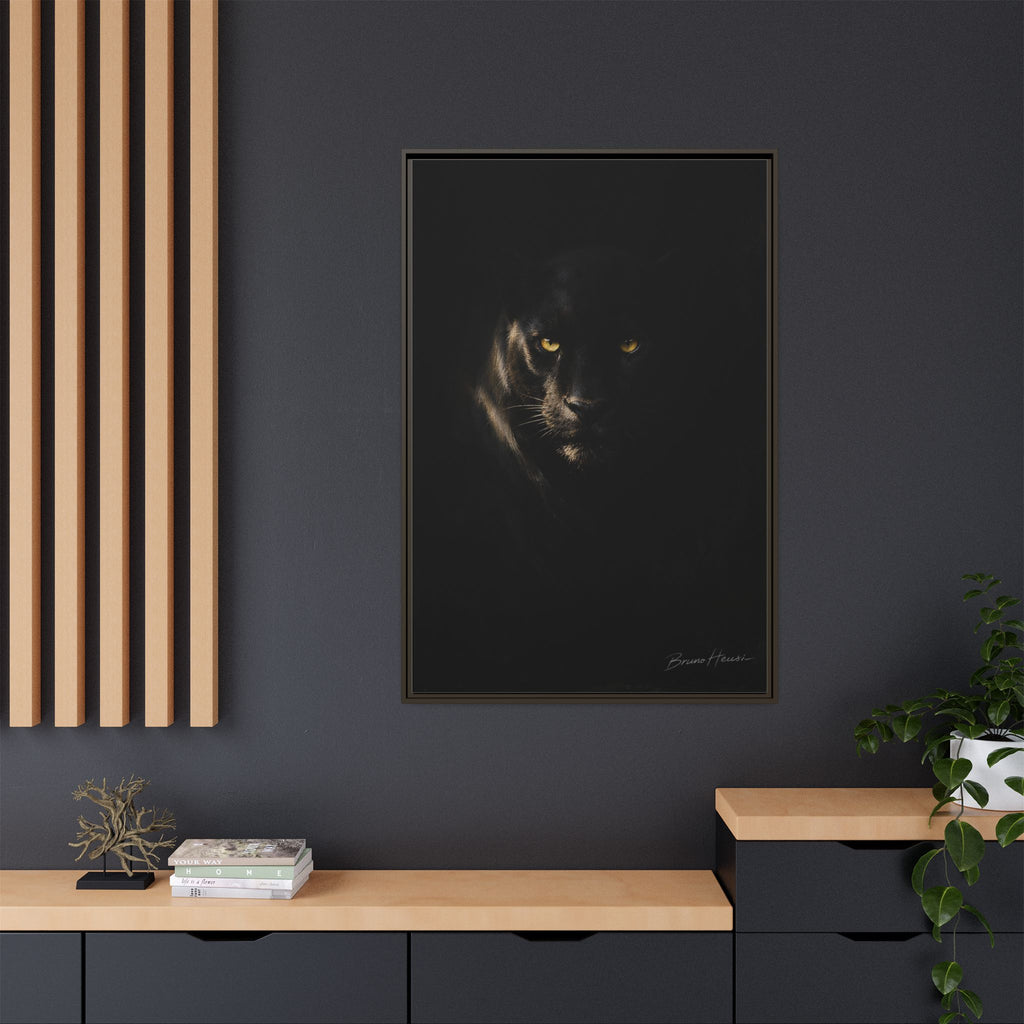 Framed Matte Canvas - Black Panther Wall Art with Golden Eyes
