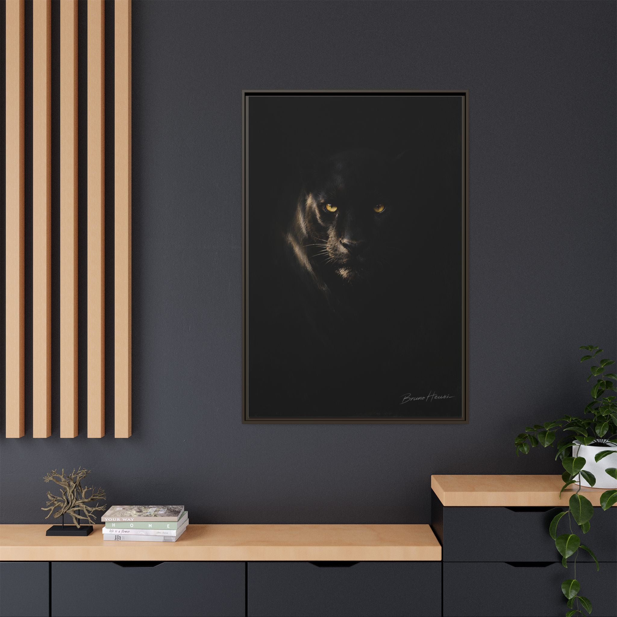 Framed Matte Canvas - Black Panther Wall Art with Golden Eyes
