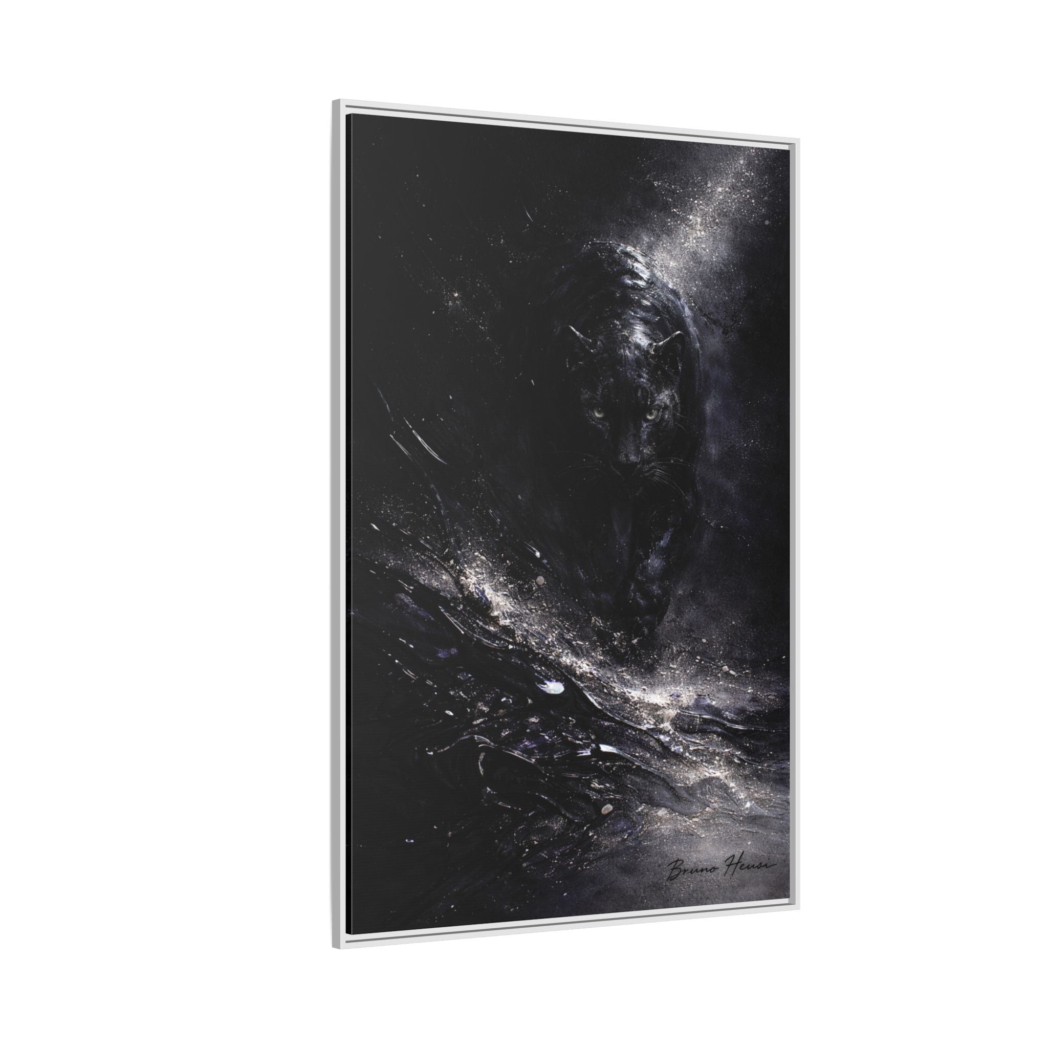 Cosmic Black Panther Matte Framed Canvas – Dark Abstract Wildlife Wall Art