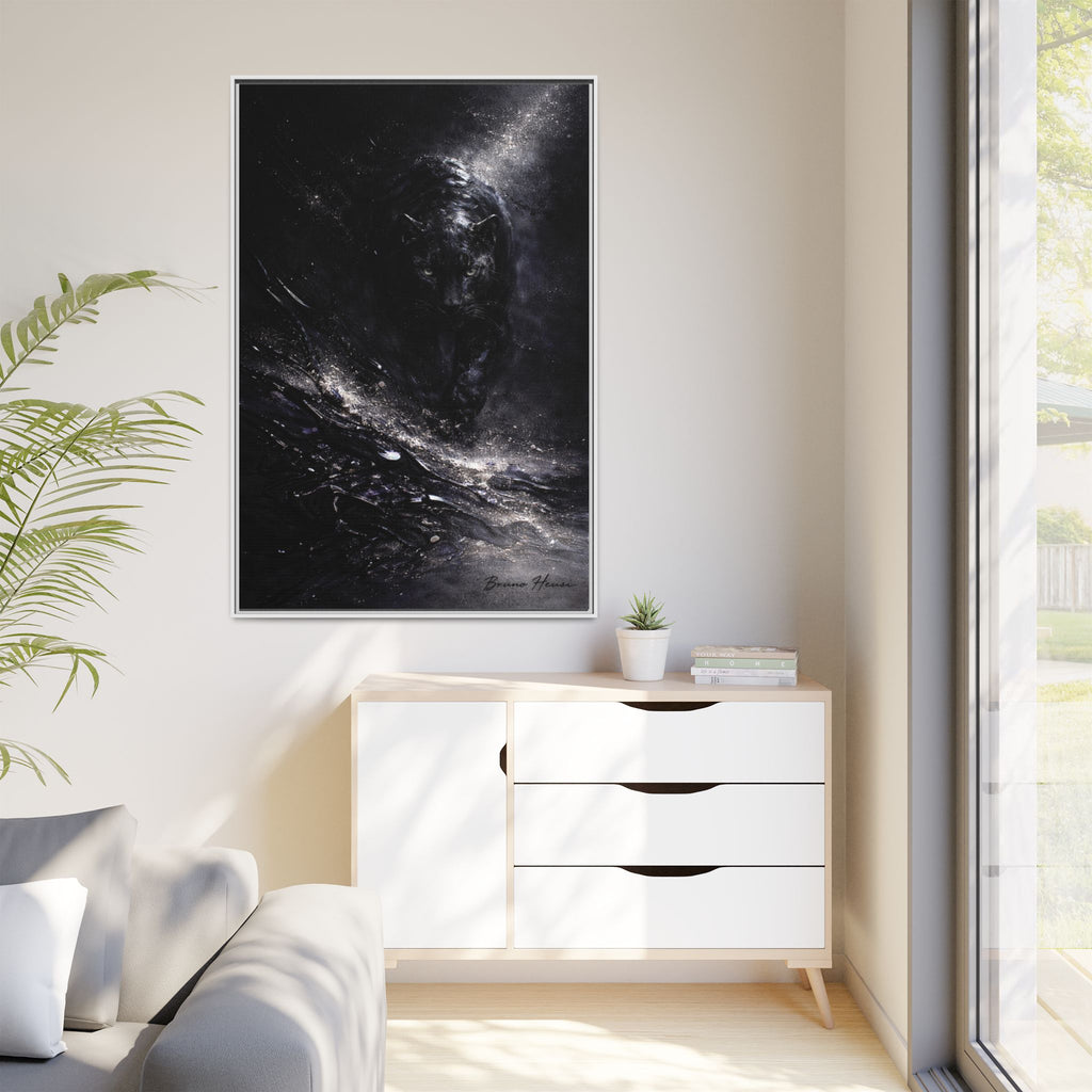 Cosmic Black Panther Matte Framed Canvas – Dark Abstract Wildlife Wall Art
