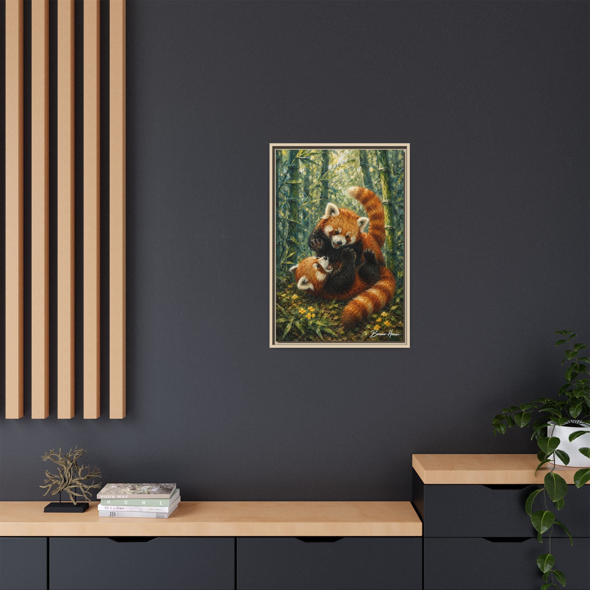 Red Panda Playtime Framed Canvas Wall Art — Playful Wildlife Print