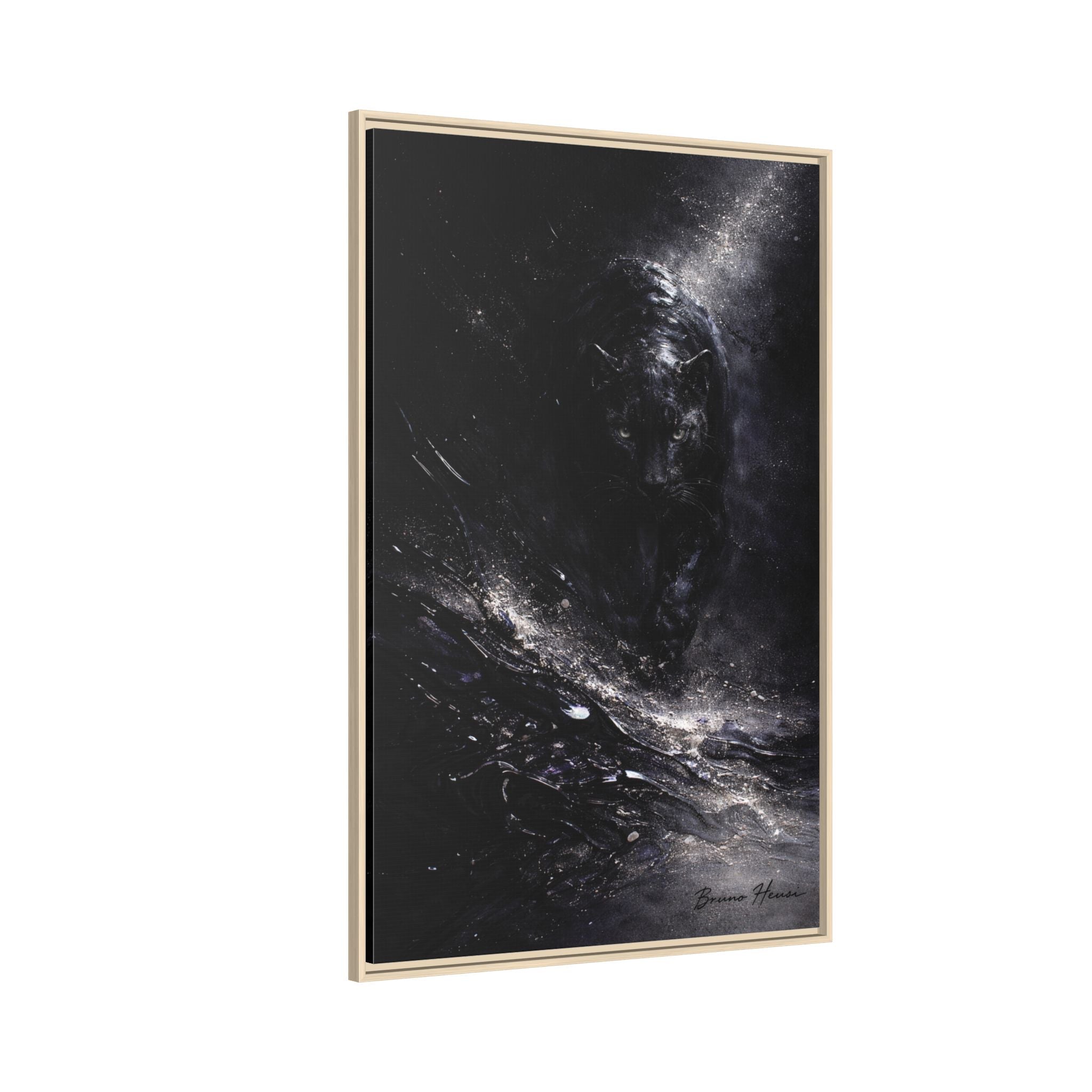 Cosmic Black Panther Matte Framed Canvas – Dark Abstract Wildlife Wall Art
